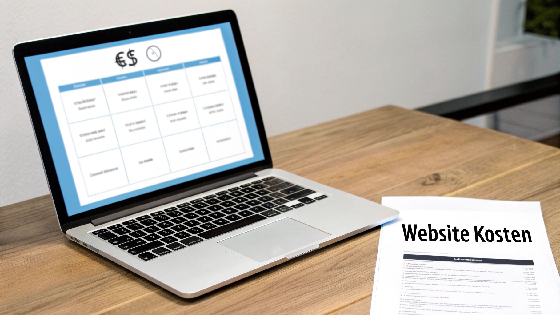 Een laptop op een houten bureau met een document over websitekosten ernaast, inclusief tabel met prijzen.