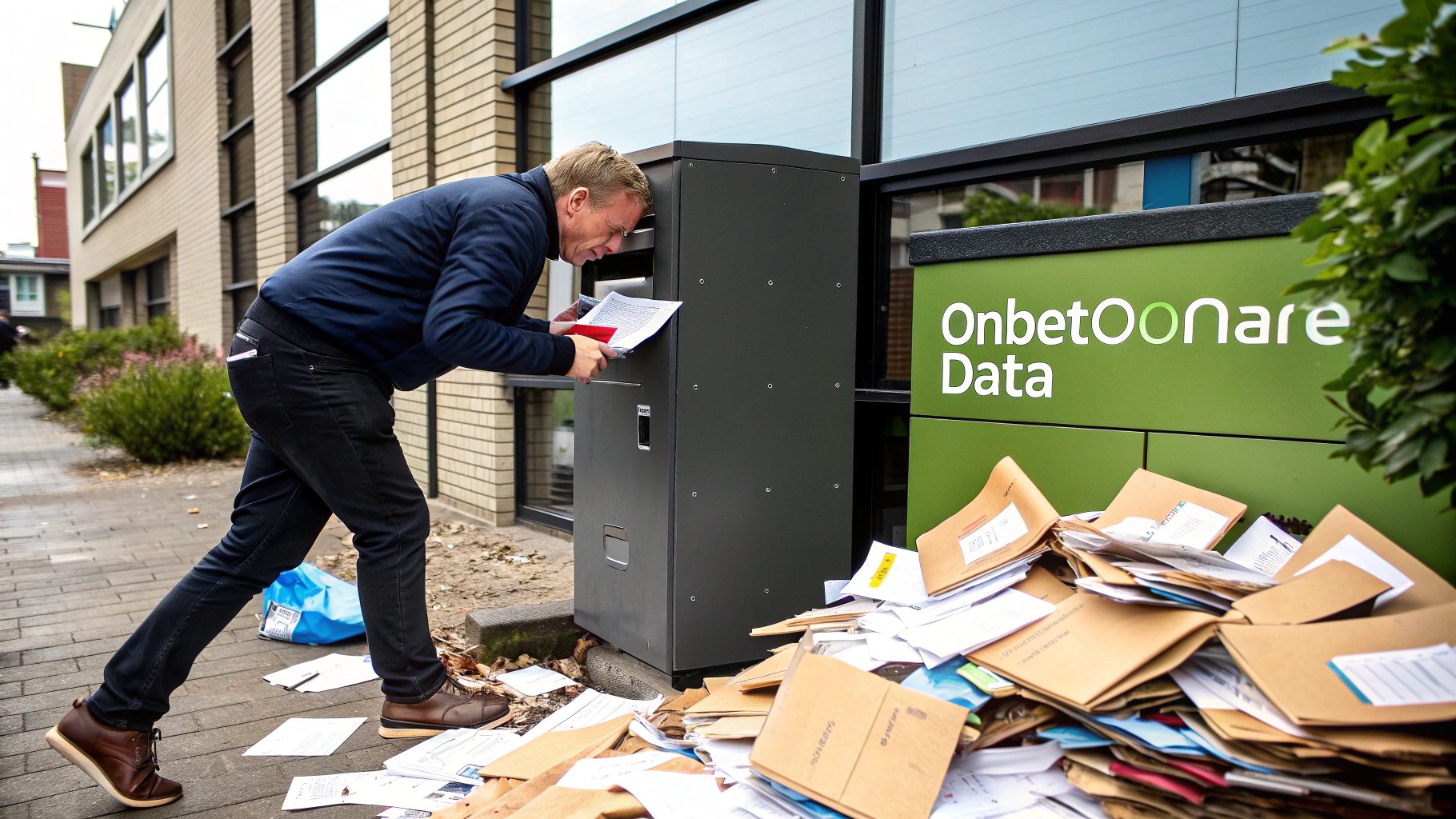 Een man stopt papieren in een grijze box, naast een grote hoop verspreide documenten en een bord met 'OnbetOOONare Data'.