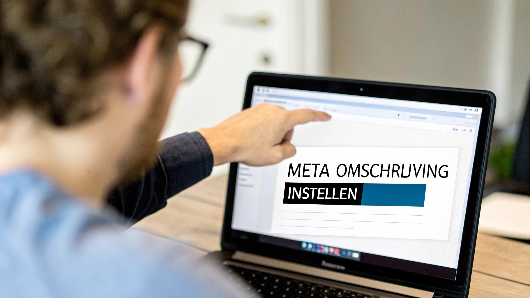 Een persoon wijst naar een laptop waarop 'META OMSCHRIJVING INSTELLEN' staat, gericht op SEO.