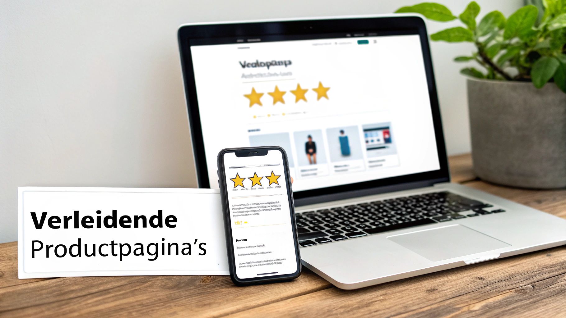 Laptop en smartphone tonen verleidende productpagina's met klantrecensies en sterbeoordelingen op een houten tafel.