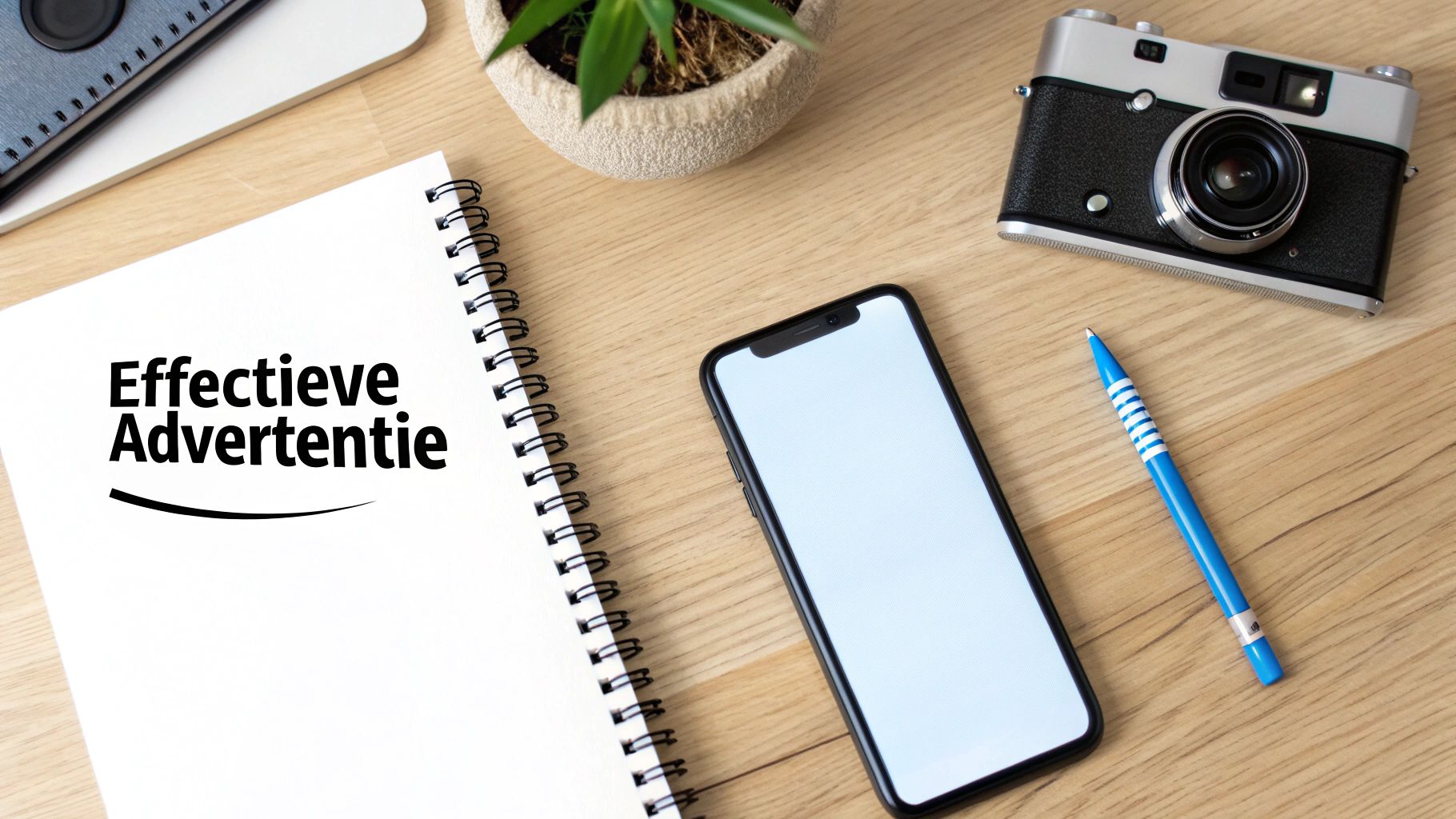 Moderne werkplek met smartphone, camera en notitieblok met tekst 'Effectieve Advertentie' voor sociale media marketing