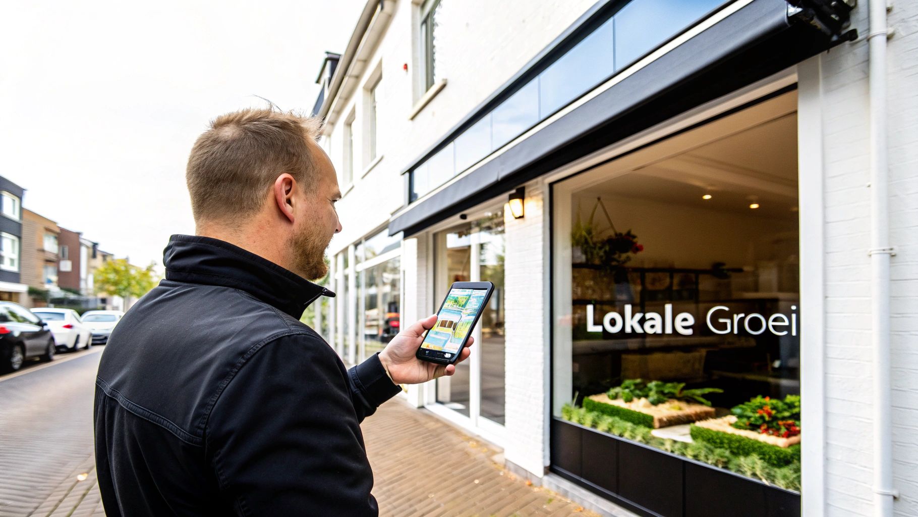 Een man bekijkt zijn smartphone voor een winkelpand met de naam 'Lokale Groei', de inhoud van de telefoon is zichtbaar.