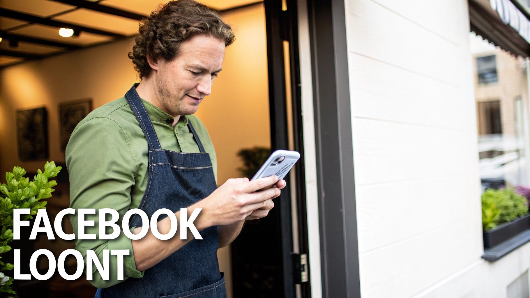 Een glimlachende man in een groen shirt en schort kijkt op zijn smartphone bij de ingang van zijn onderneming.