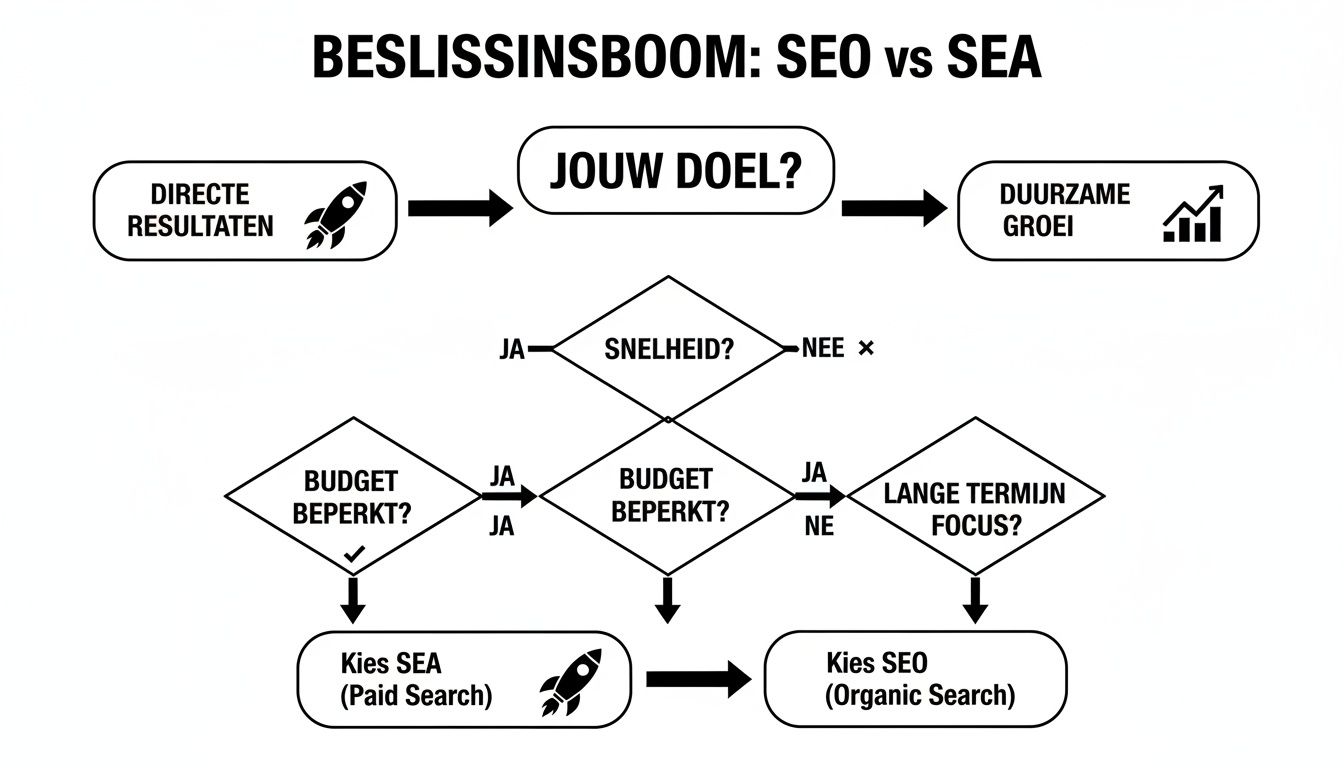 Beslissingsboom die helpt kiezen tussen SEO en SEA, gebaseerd op doelen, snelheid, budget en langetermijnfocus.