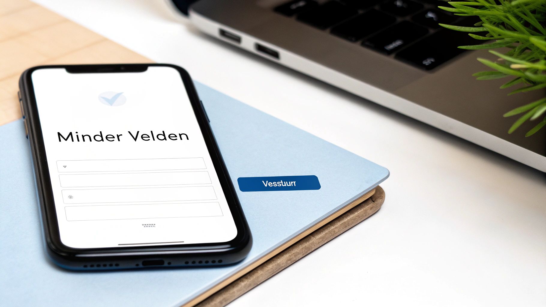 Een smartphone toont een inlogscherm met 'Minder Velden', liggend op een notitieboek met een 'Vesstuurr' knop.