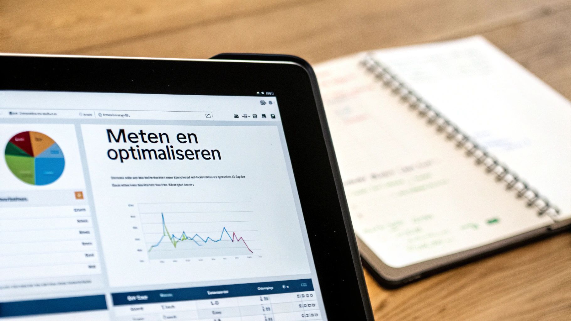 Een tablet toont een dashboard met metingen en optimalisatiegegevens, inclusief grafieken en een notitieboekje op een houten tafel.