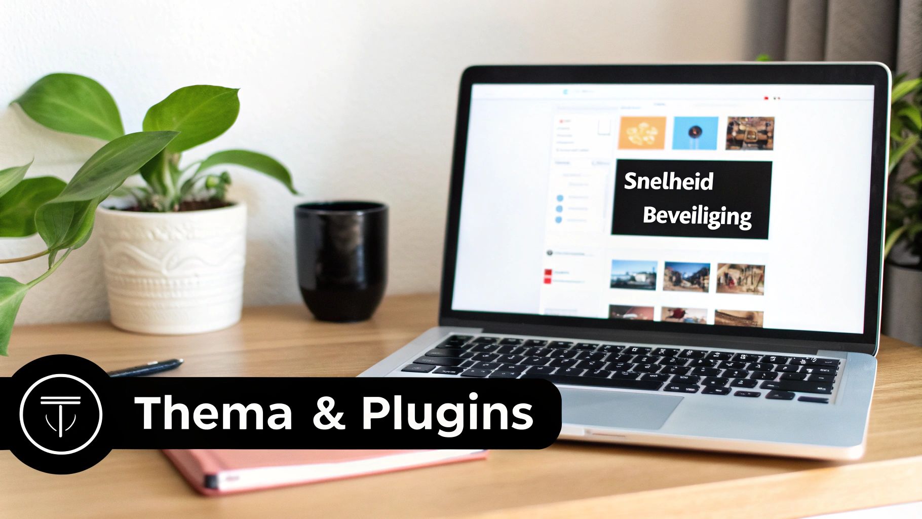 Laptop op bureau toont WordPress thema en plugins voor snelle website beveiliging