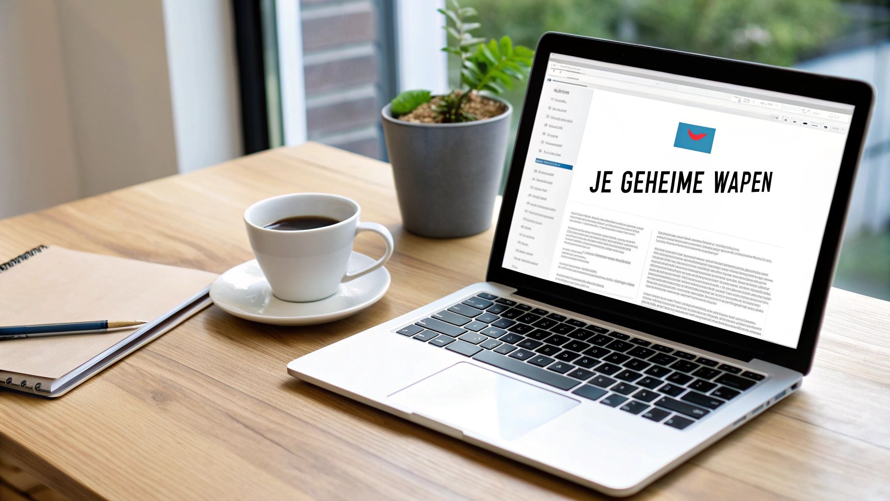 Een laptop, koffiekopje, notitieboekje en pen op een houten bureau. Op het scherm staat 'JE GEHEIME WAPEN'.