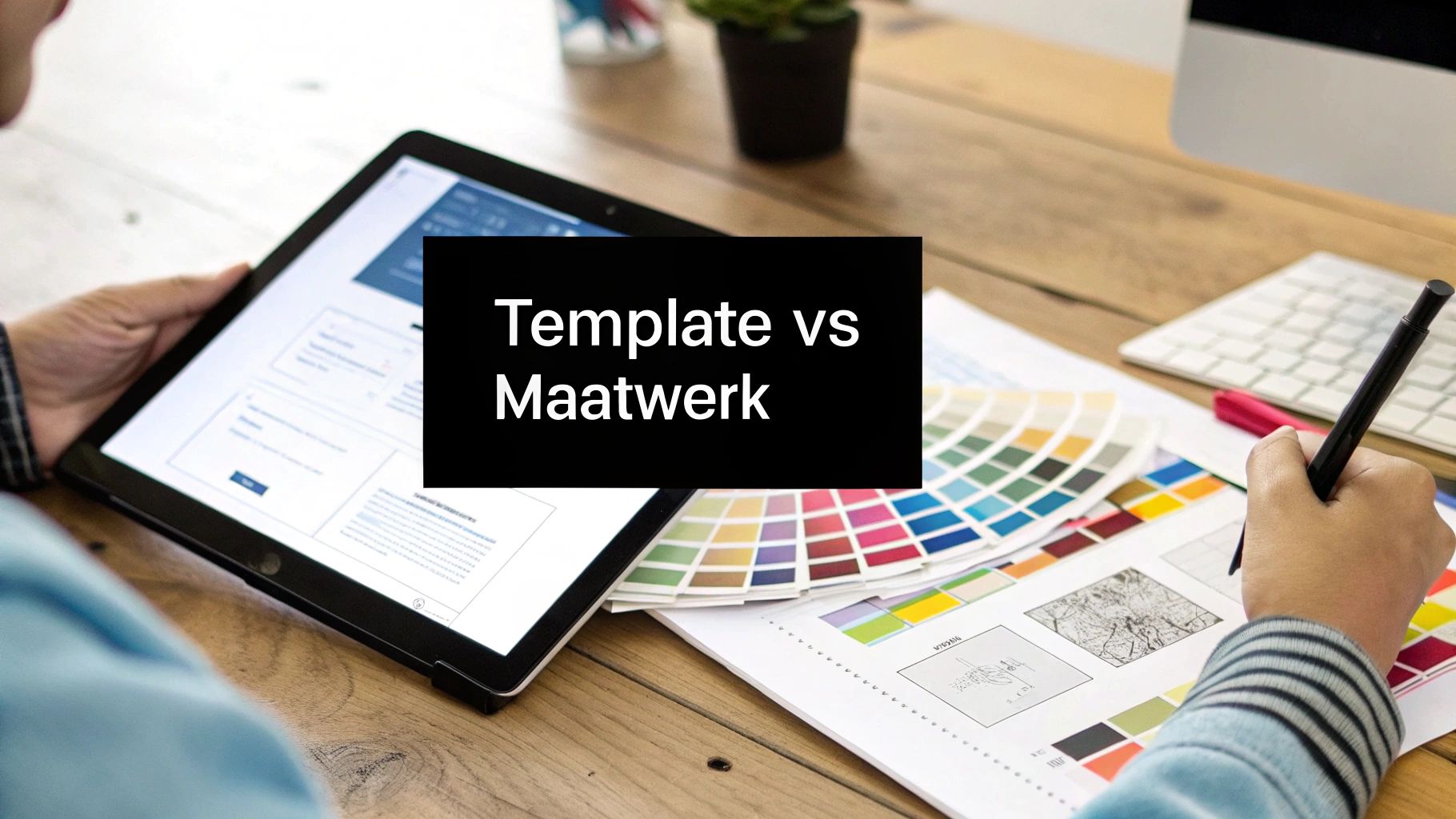 Handen werken aan een tablet met een website-interface en bekijken ontwerpdocumenten met kleuren en schetsen. Vergelijking template vs maatwerk.