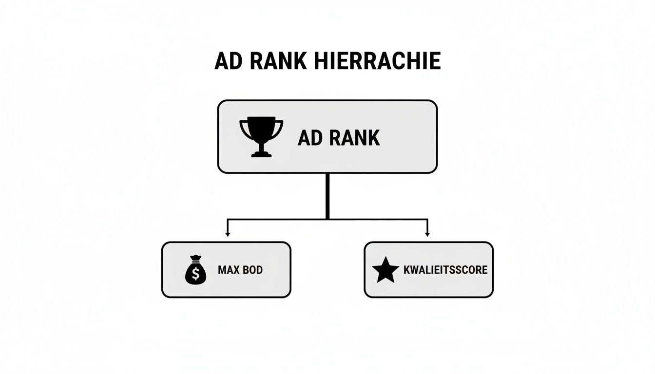 Een diagram toont de Ad Rank hiërarchie, bestaande uit Max Bod en Kwaliteitsscore.