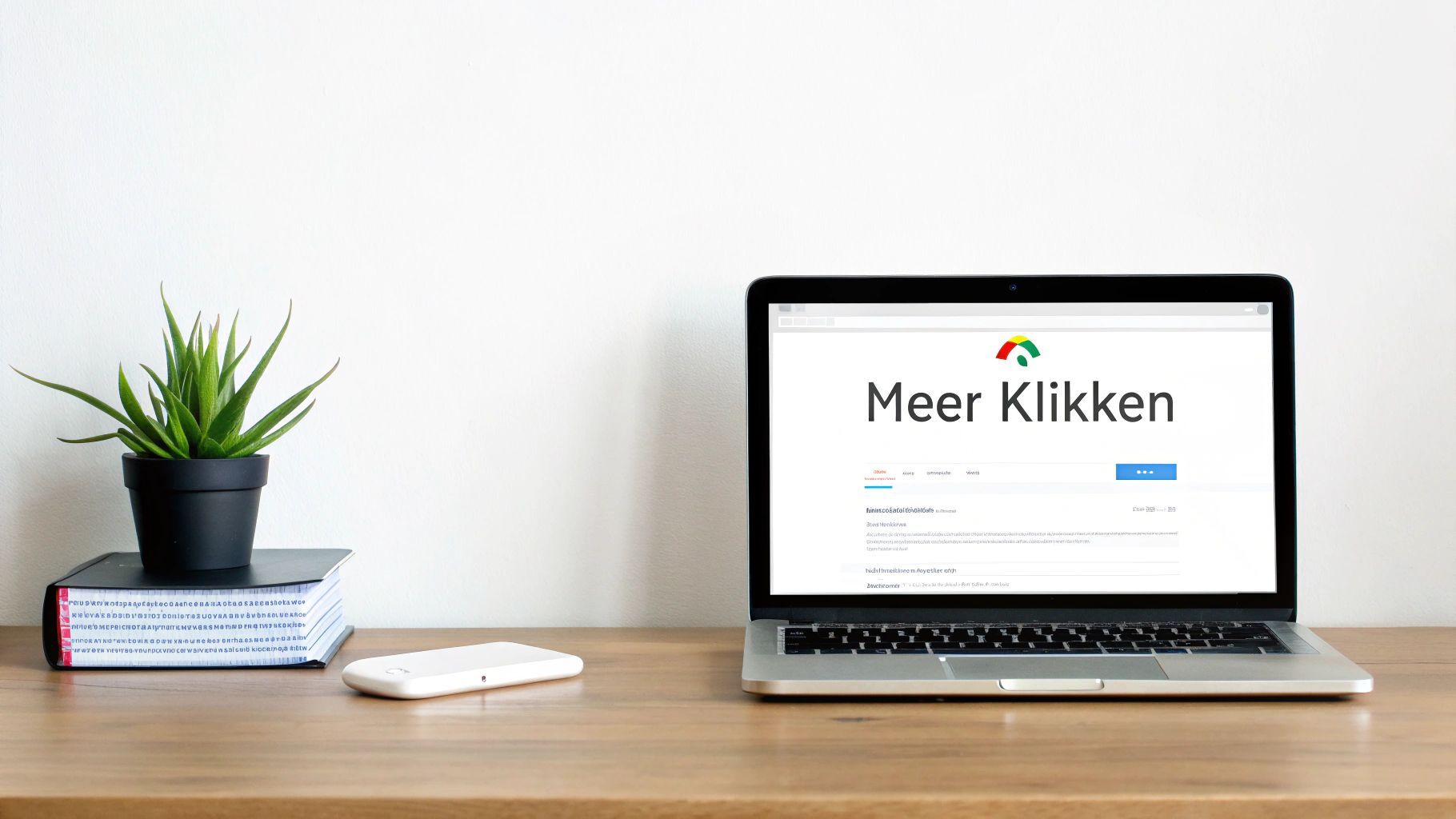 Een laptop op een houten bureau toont 'Meer Klikken', met een plant en boeken ernaast.
