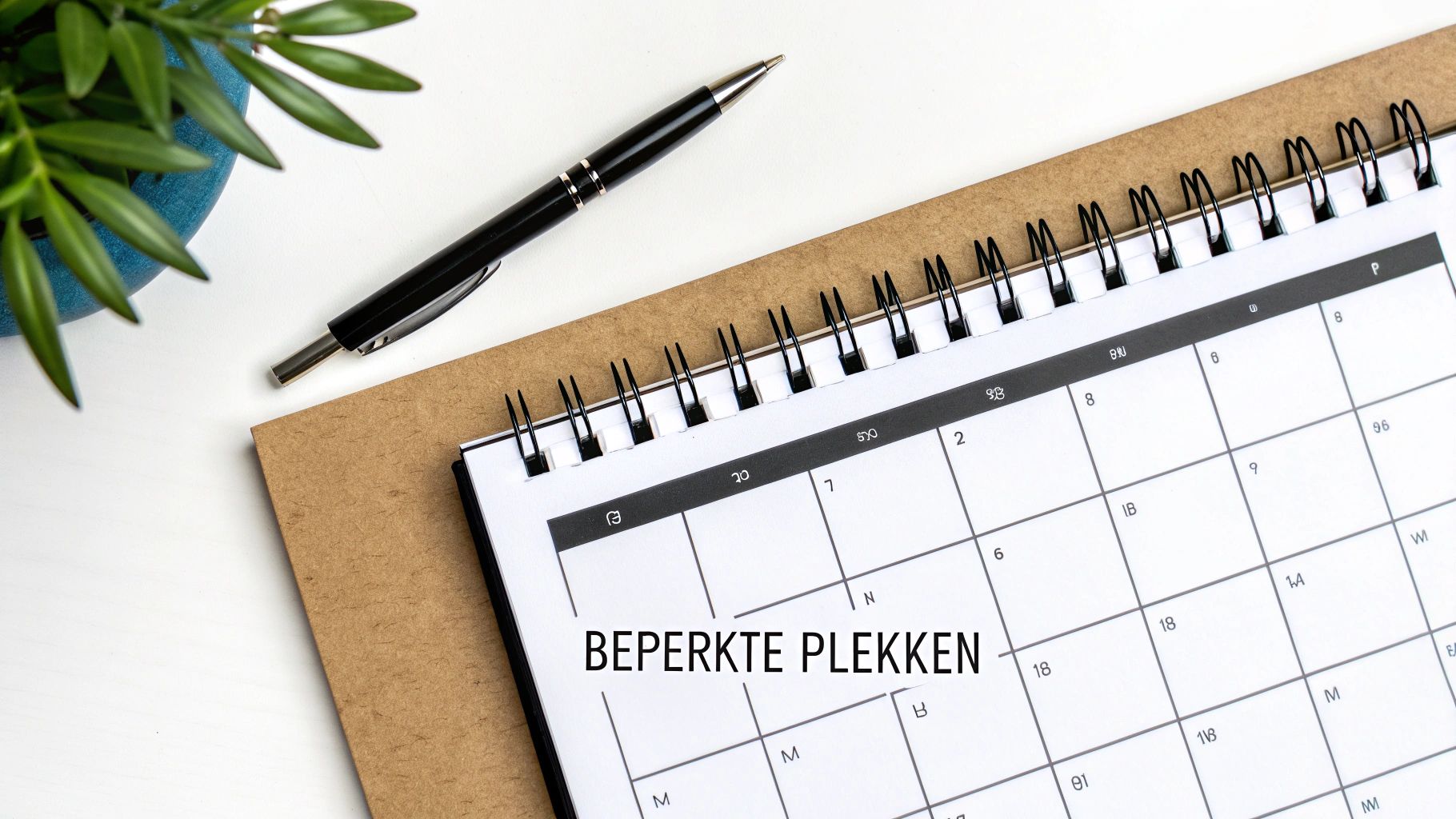 Een bovenaanzicht van een kalender met de tekst 'BEPERKTE PLEKKEN', vergezeld van een pen en een plant.