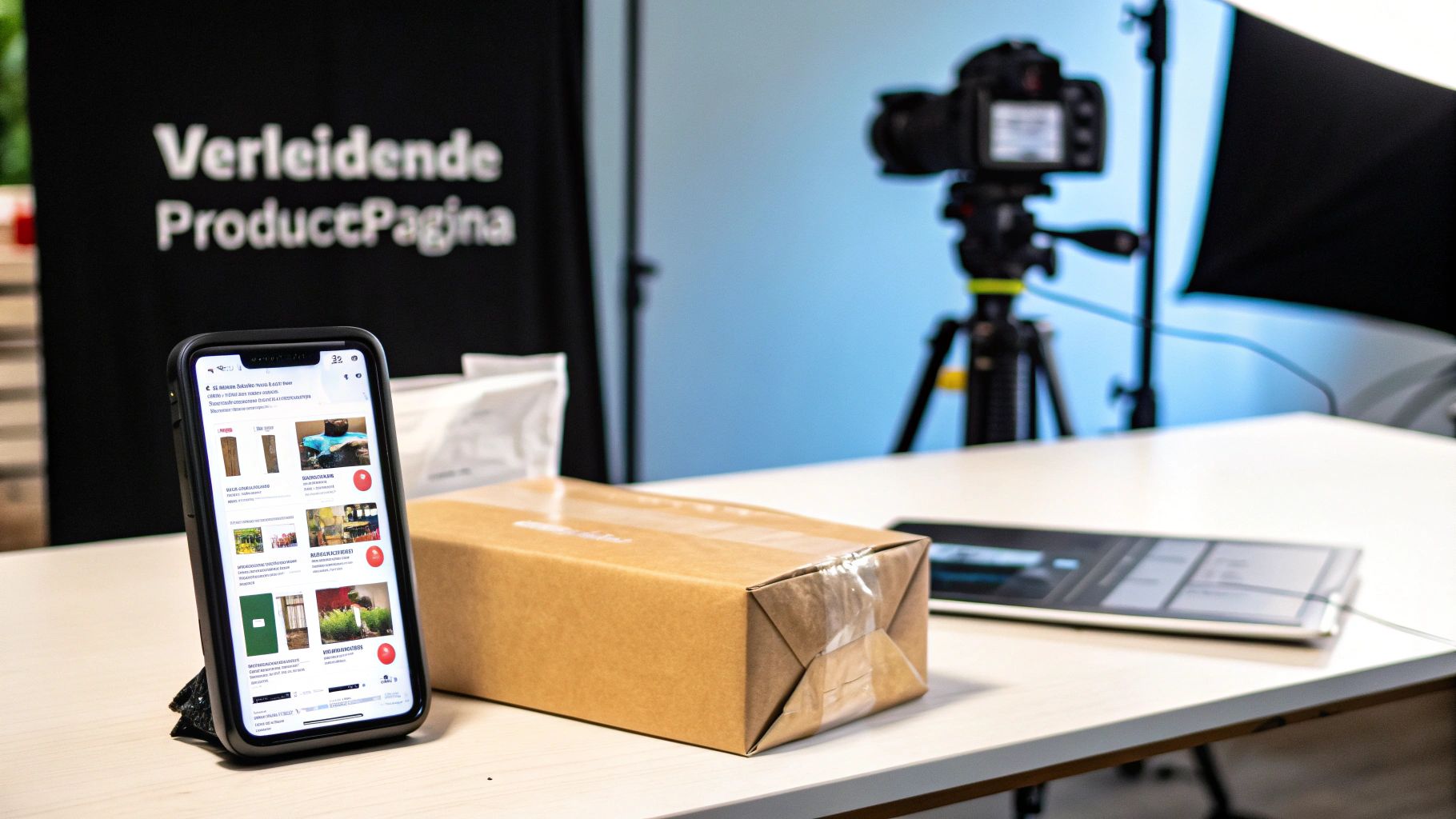Smartphone toont productpagina's, naast een verzenddoos en camera-apparatuur voor e-commerce.
