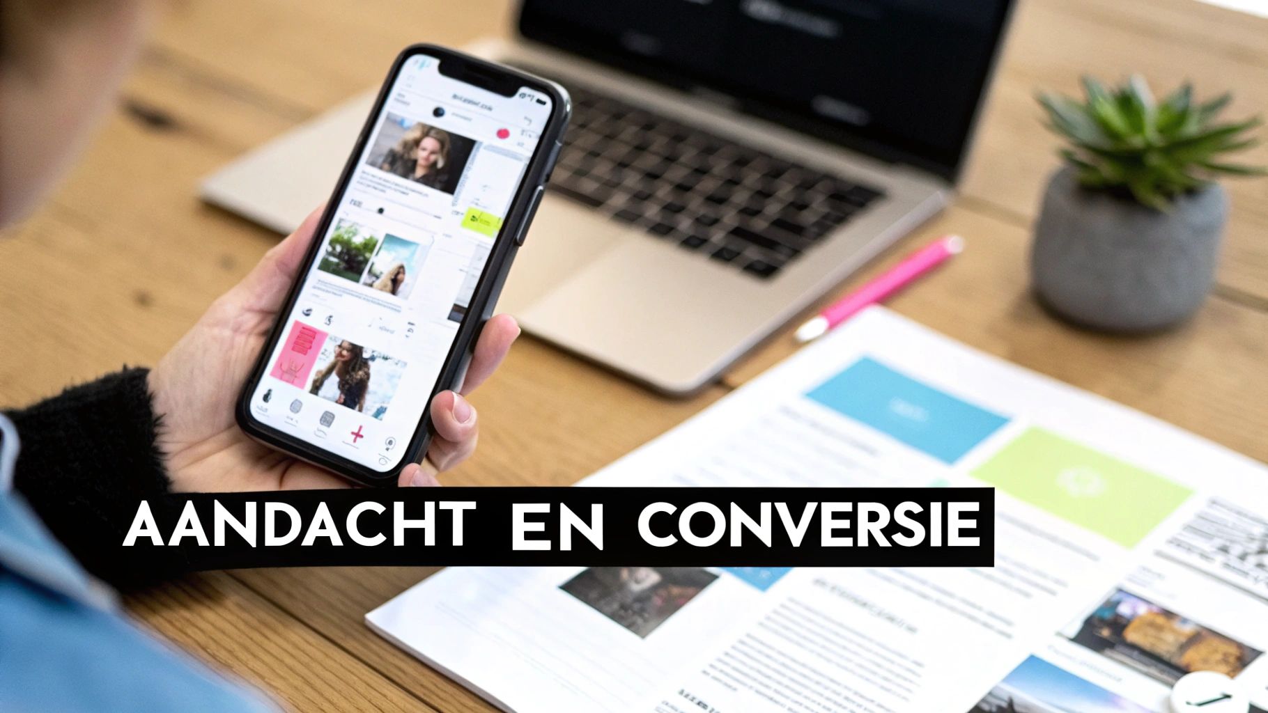 Persoon bekijkt social media op smartphone naast laptop en documenten op een houten bureau.