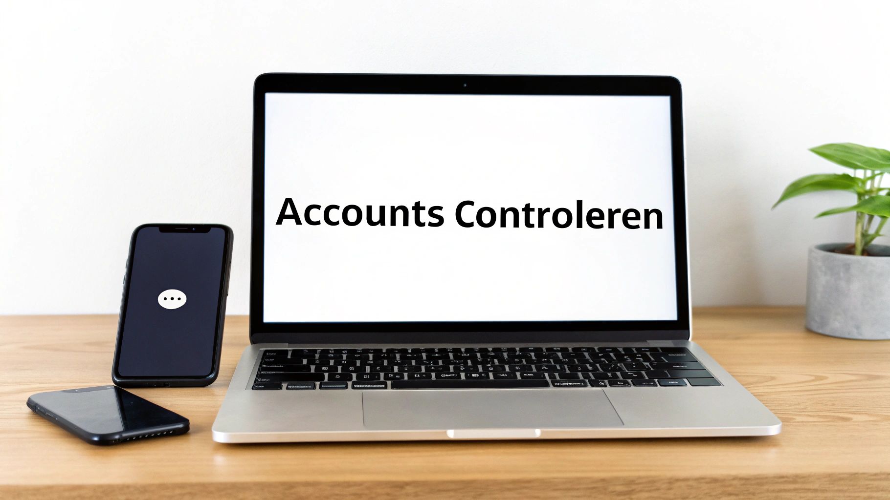 Een laptop met 'Accounts Controleren' op het scherm, naast twee smartphones en een plant op een houten bureau.