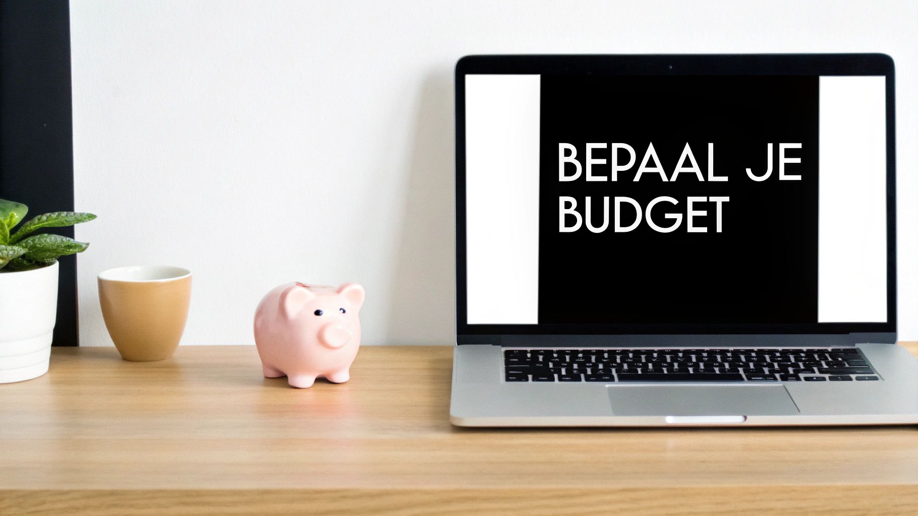 Laptop met 'BEPAAL JE BUDGET' op het scherm, roze spaarvarken, kopje en plant op een houten bureau.