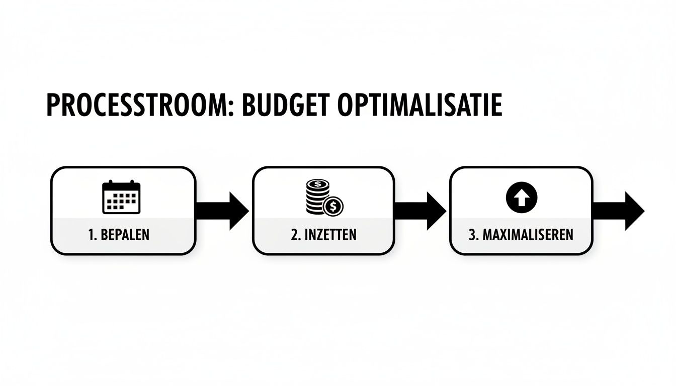 Een processtroomdiagram voor budget optimalisatie met drie stappen: bepalen, inzetten en maximaliseren van middelen.