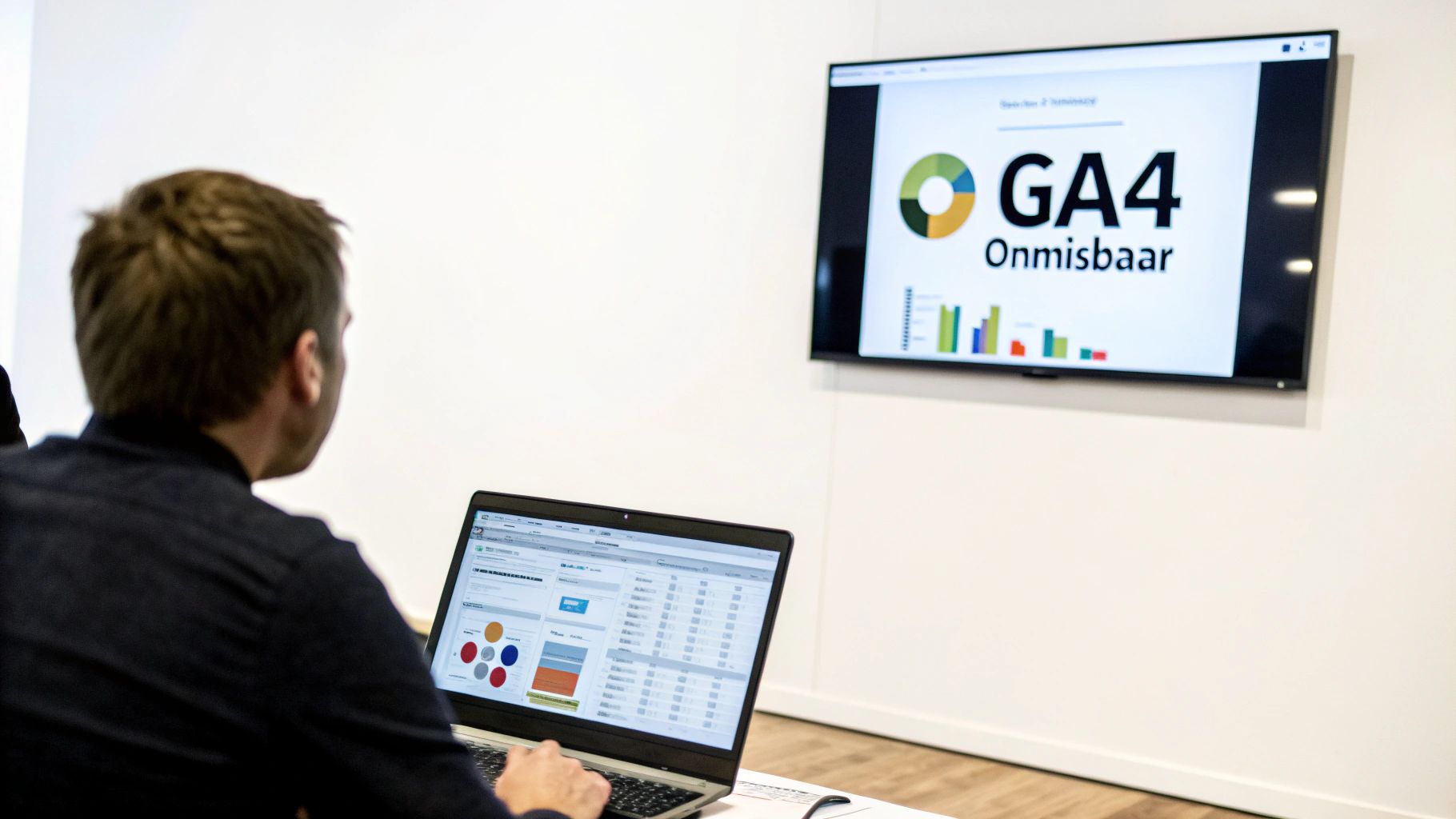 Een persoon werkt aan een laptop terwijl een scherm 'GA4 Onmisbaar' en analytics grafieken toont.
