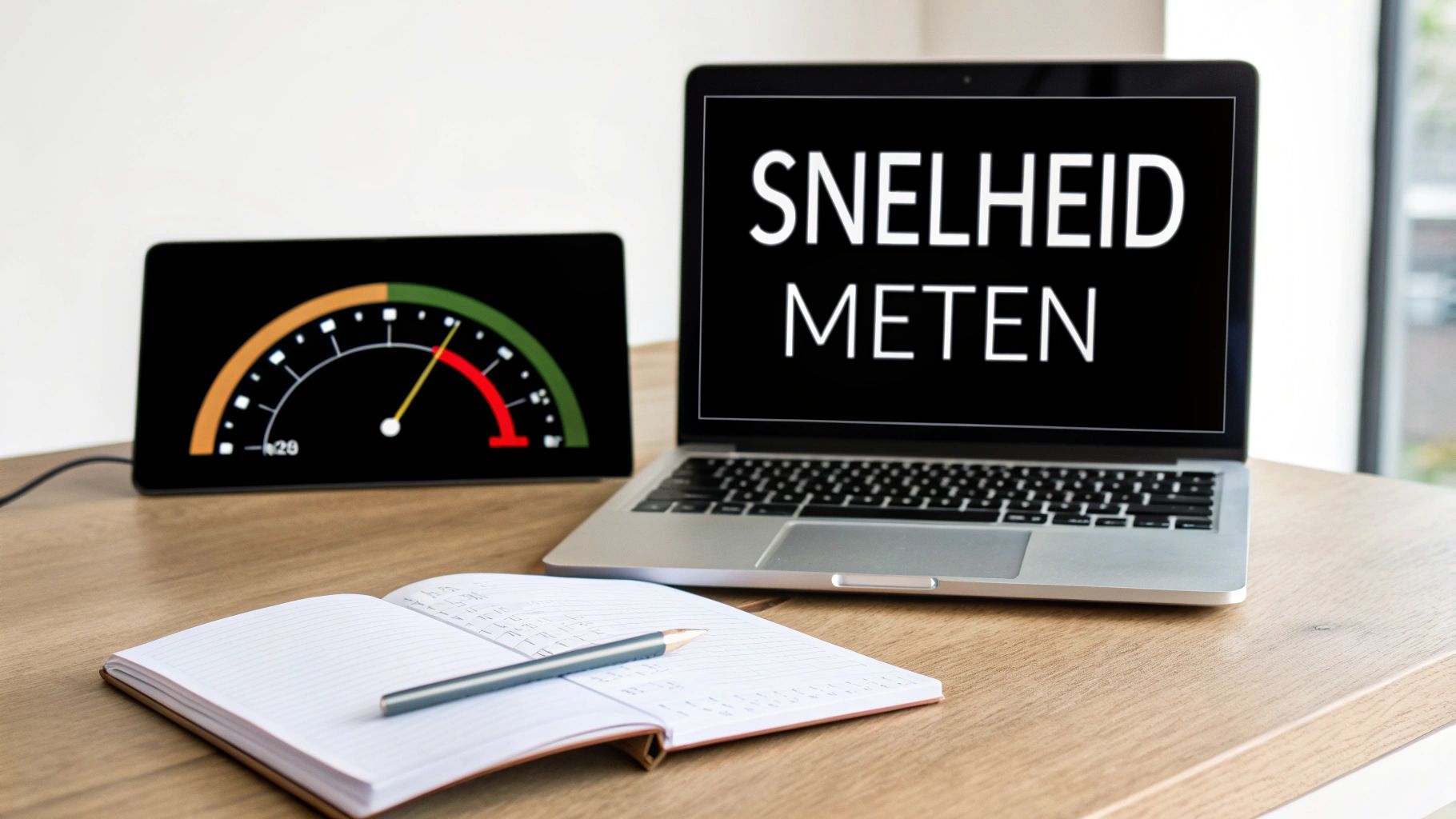 Een laptop met 'SNELHEID METEN' op het scherm en een digitale snelheidsmeter ernaast op een houten bureau.