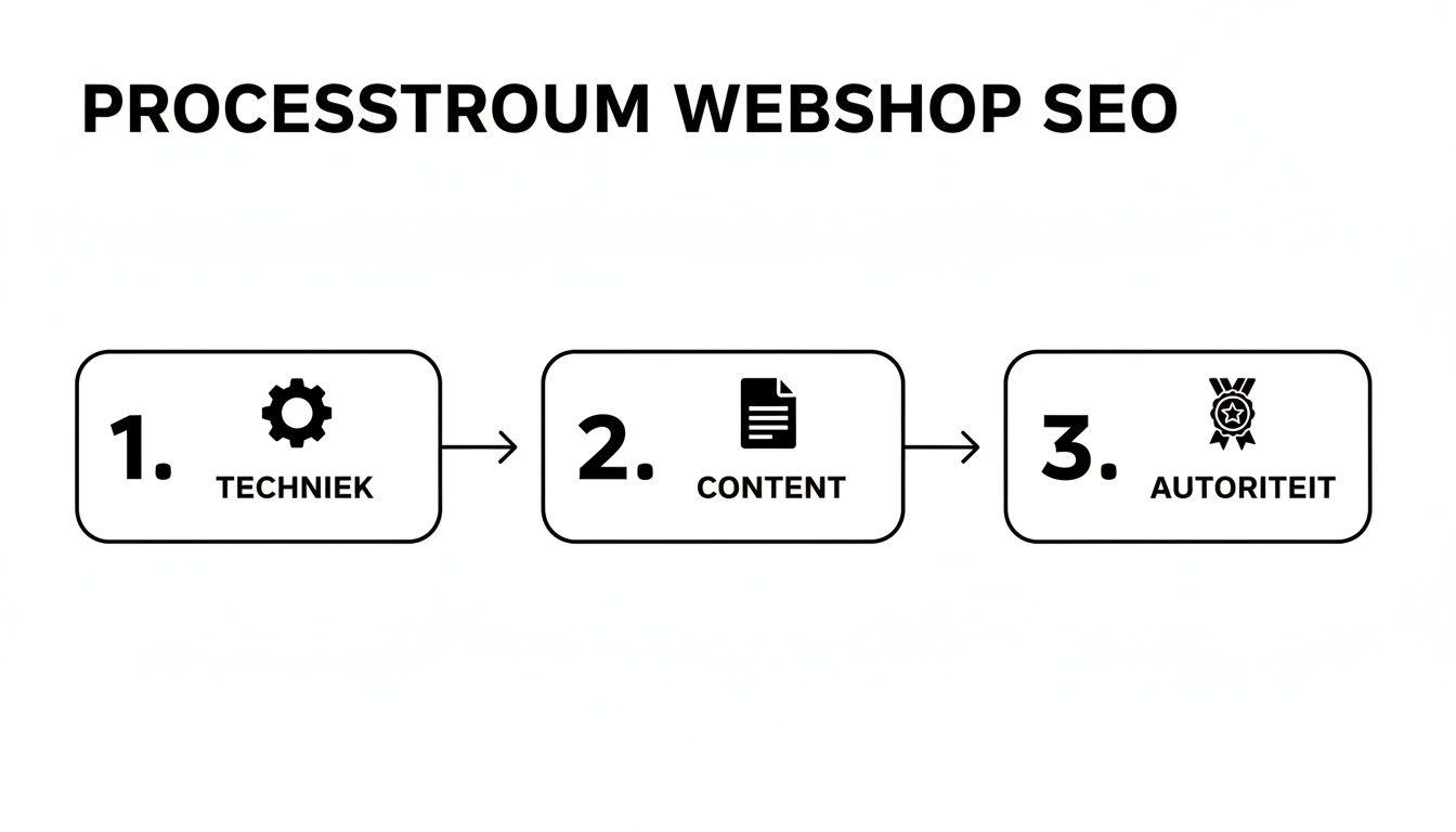 Processtroom voor webshop SEO met drie stappen: techniek, content en autoriteit.