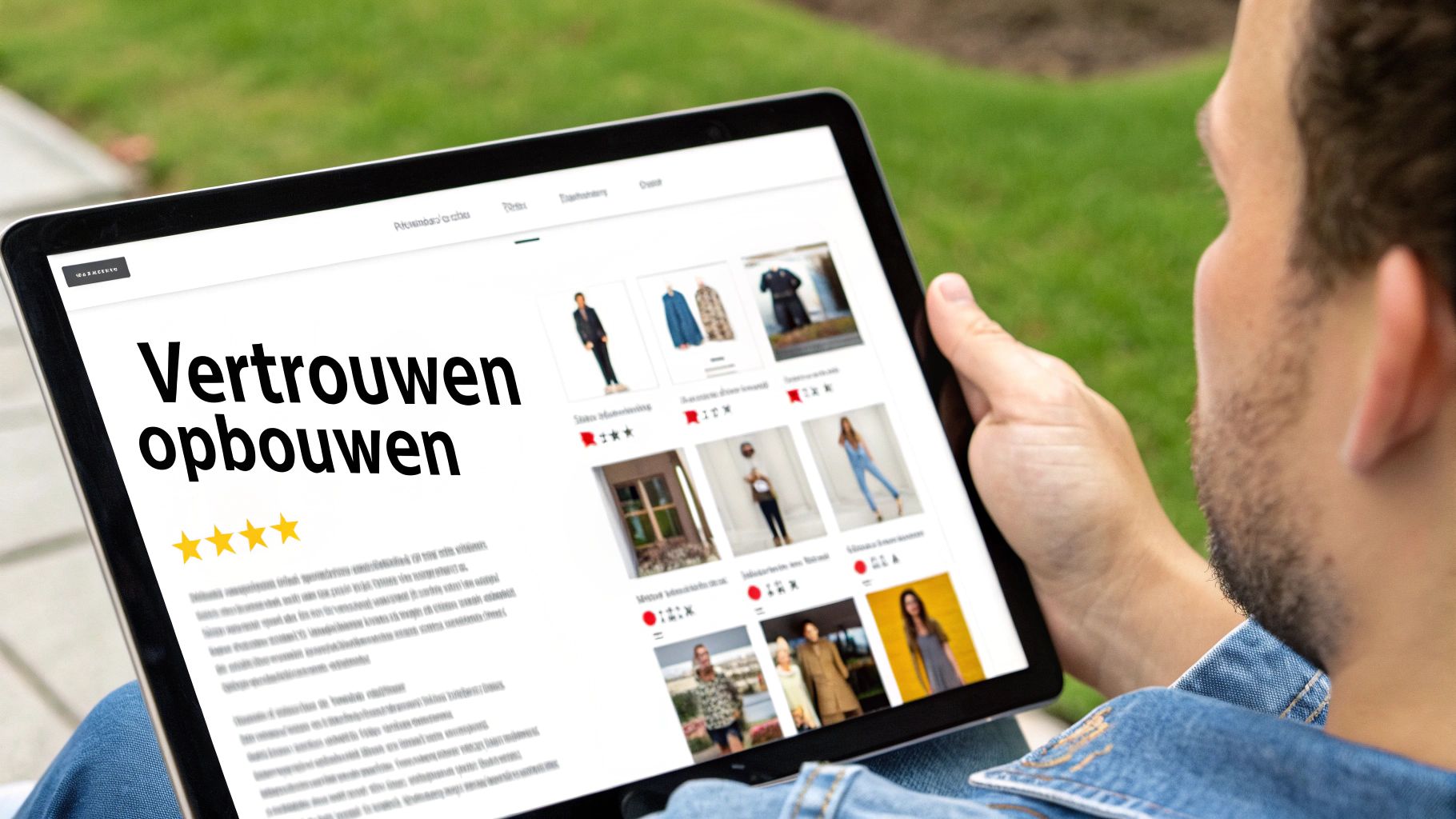 Een persoon bekijkt een tablet met een webshop pagina over 'Vertrouwen opbouwen' met productafbeeldingen en sterbeoordelingen.