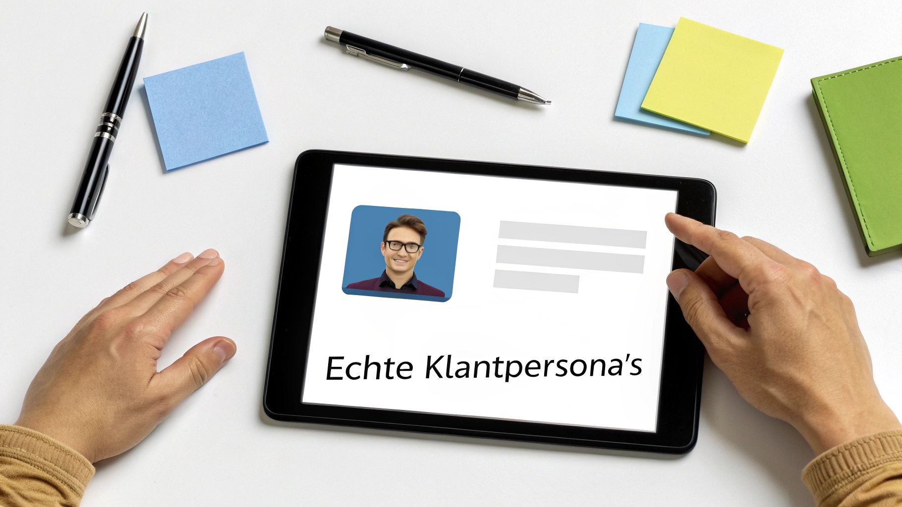 Persoon die een tablet gebruikt met een klantpersona-profiel en de tekst 'Echte Klantpersona's' op een bureau met pennen en notities.
