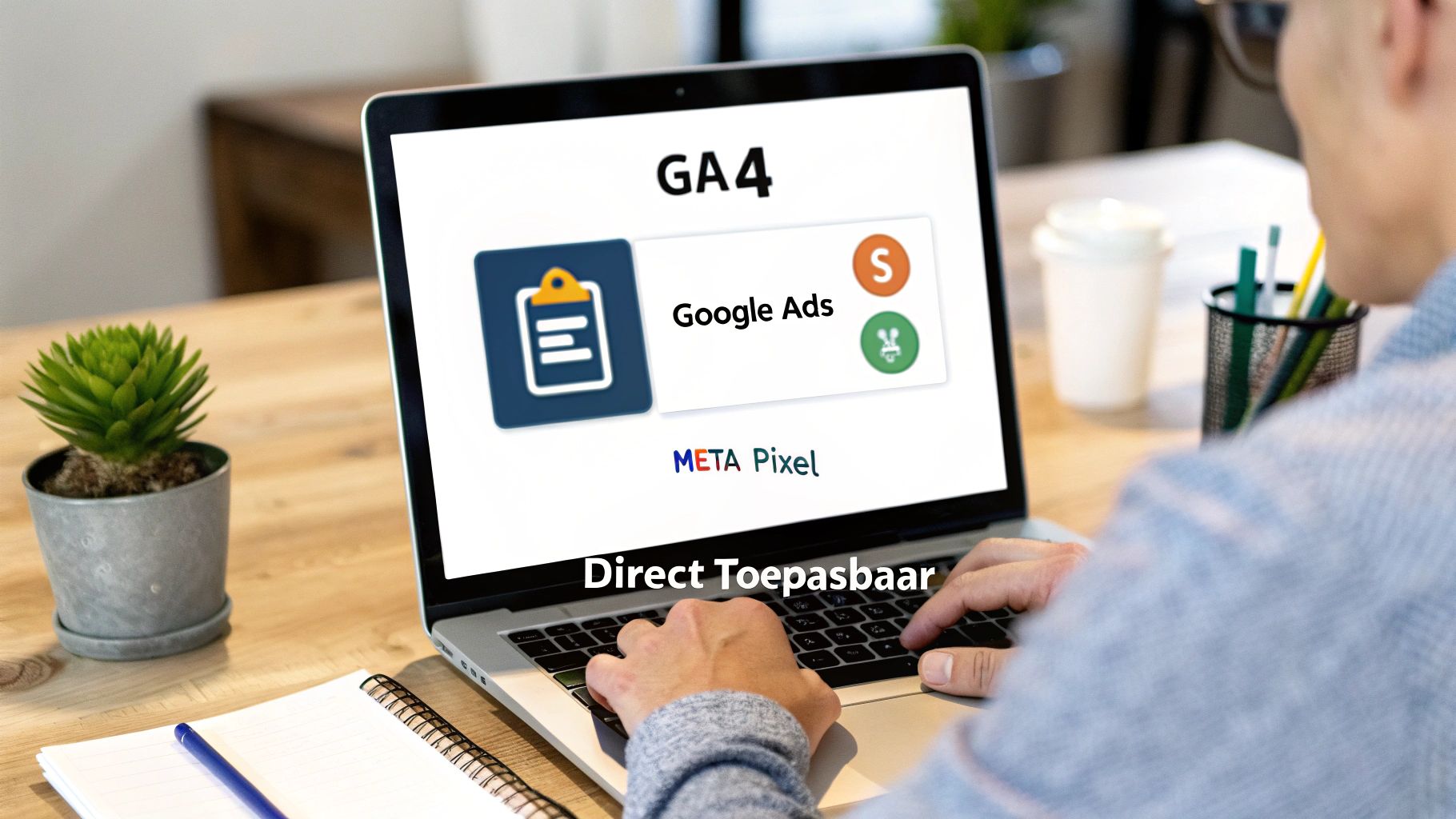 Een persoon werkt aan een laptop met softwarelogo's voor GA4, Google Ads en Meta Pixel op het scherm.