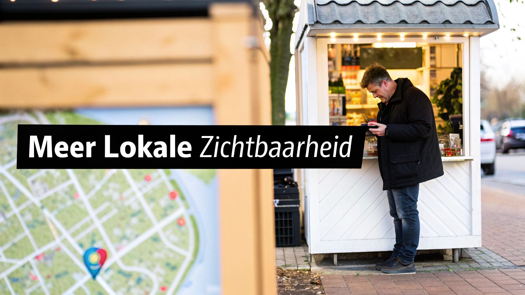 Een man kijkt op zijn telefoon bij een marktkraam, met de tekst "Meer Lokale Zichtbaarheid" en een kaart op de voorgrond.