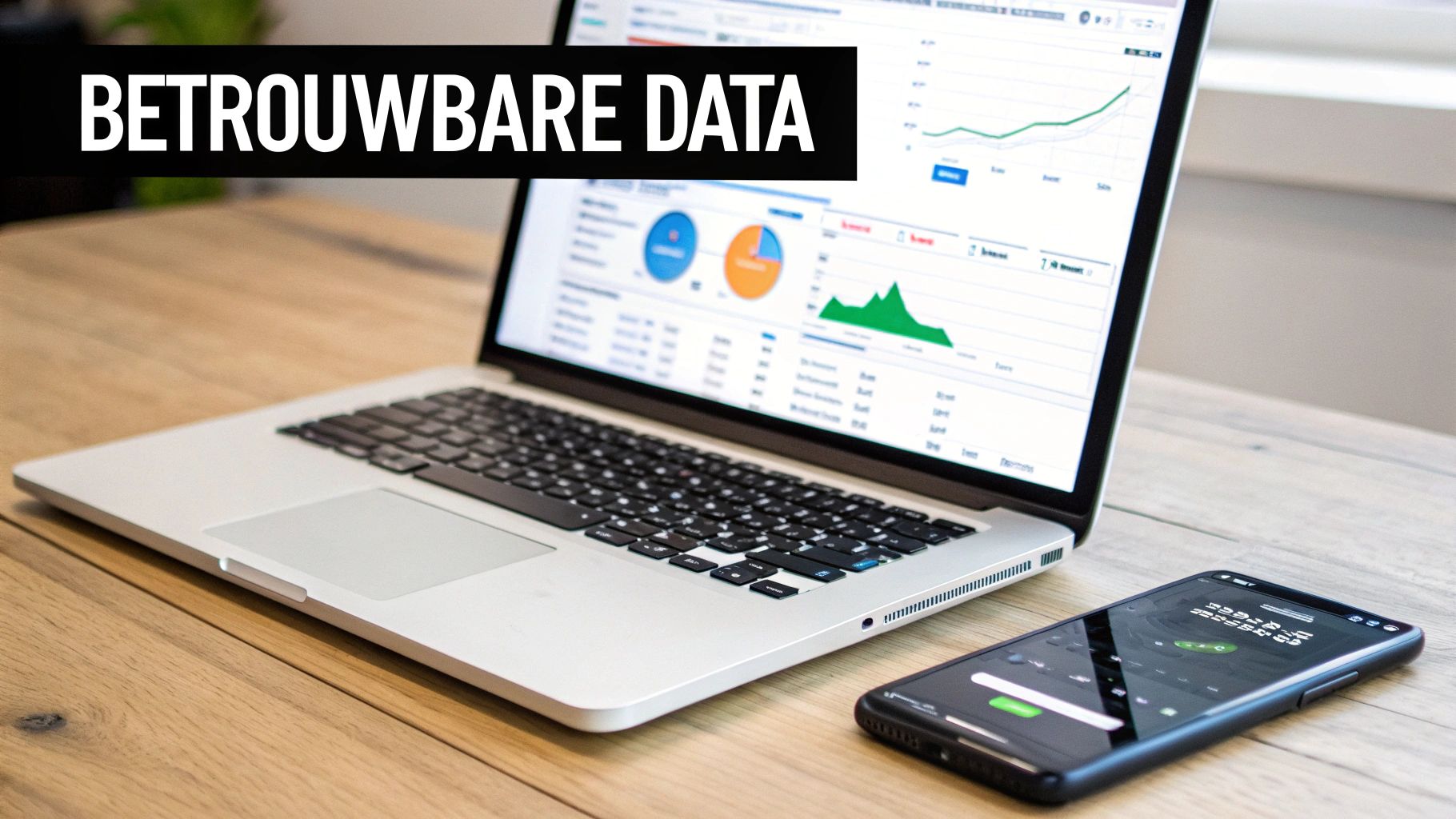 Een laptop toont grafieken en data-analyse, naast een smartphone op een houten bureau, met de tekst 'BETROUWBARE DATA'.