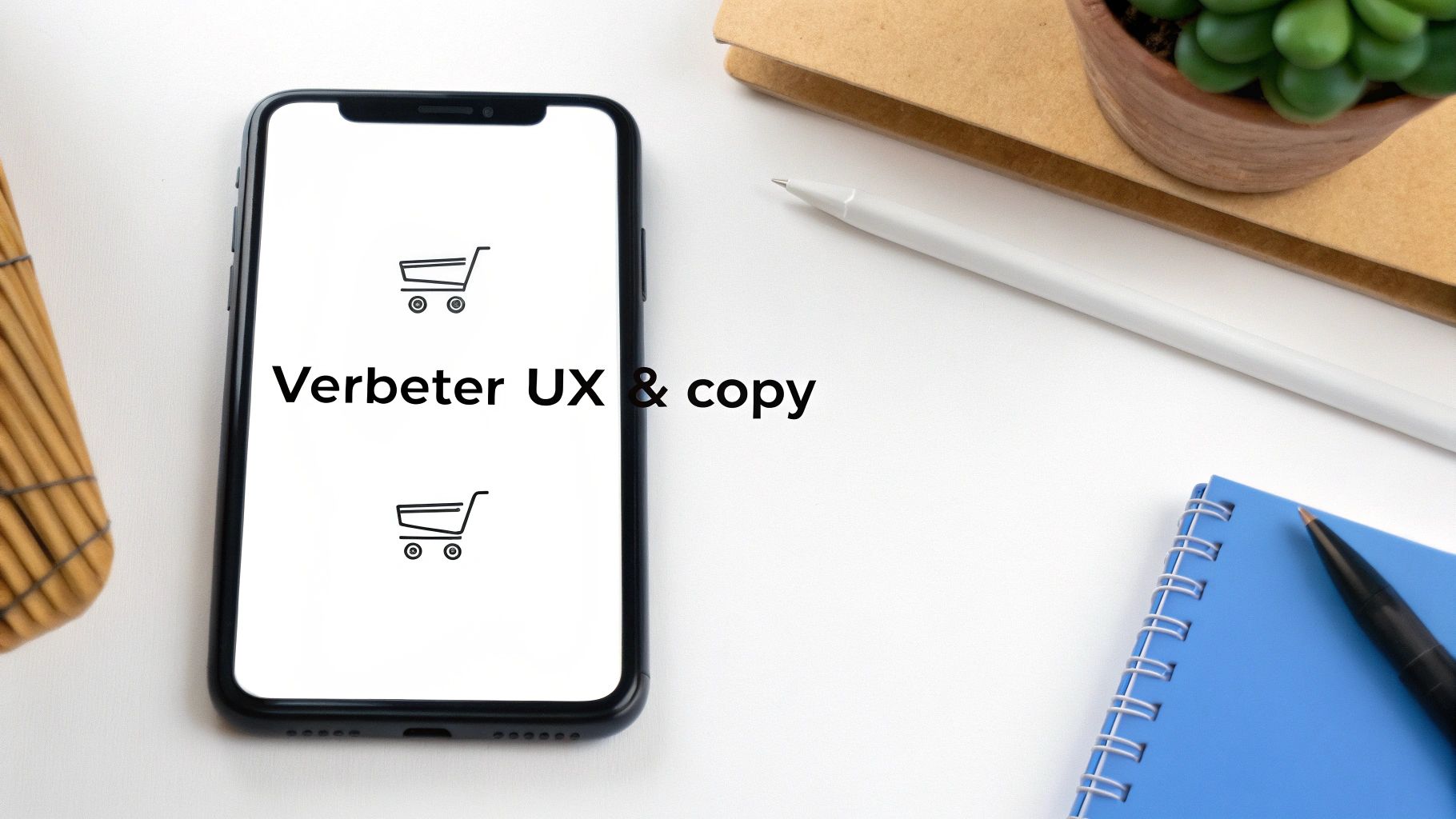 Smartphone met tekst 'Verbeter UX & copy' en winkelwageniconen op een bureau met een notitieboek en pen.