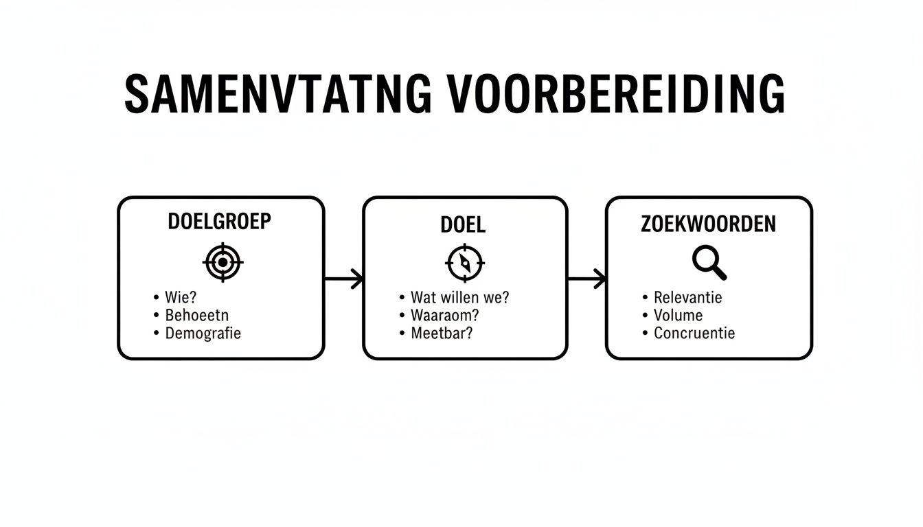 Een stroomschema over samenvattingsvoorbereiding met doelgroepanalyse, doelstellingen en zoekwoordanalyse voor contentstrategie.