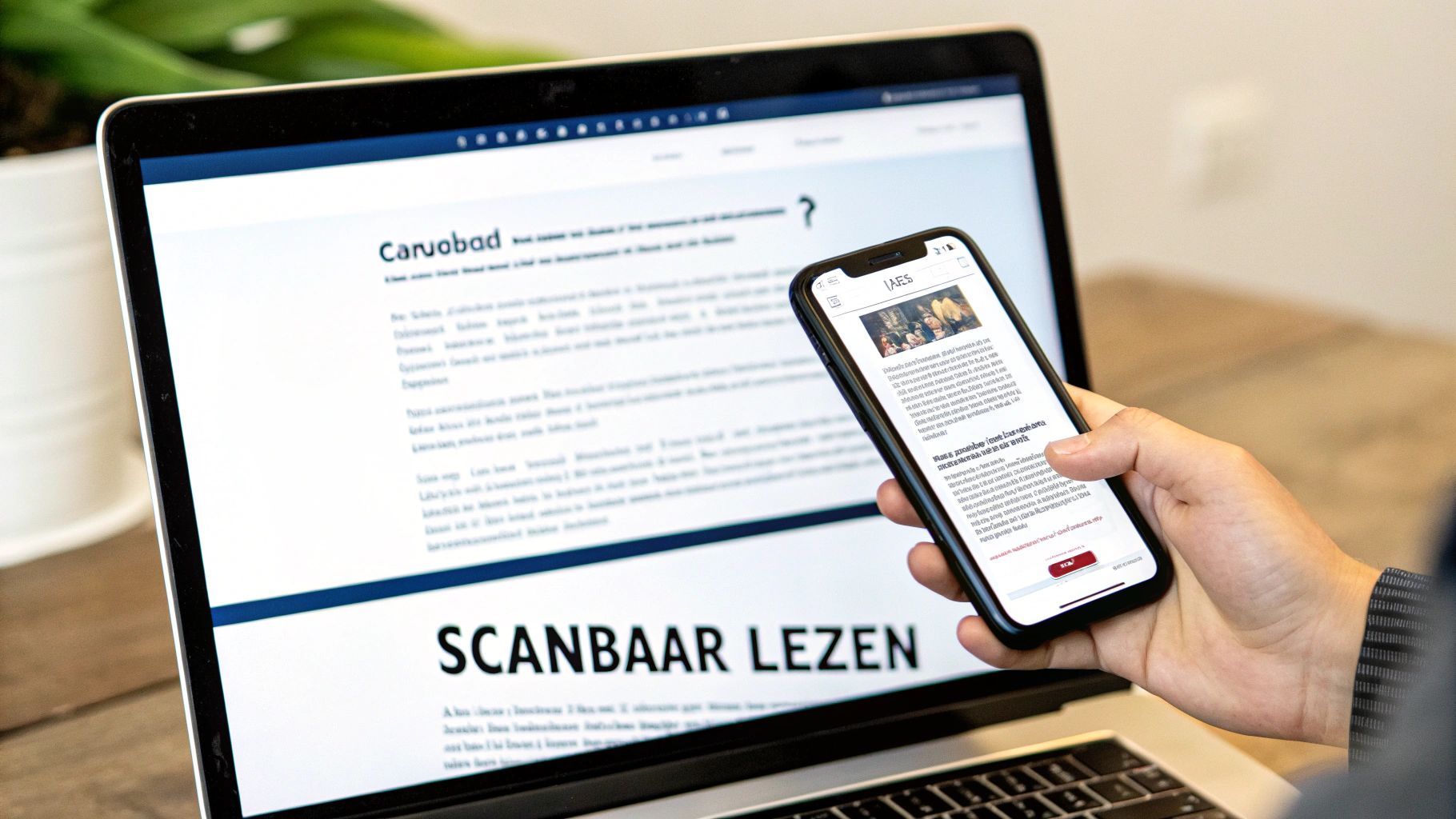Een persoon houdt een smartphone vast met nieuws op het scherm, naast een laptop die een website toont.