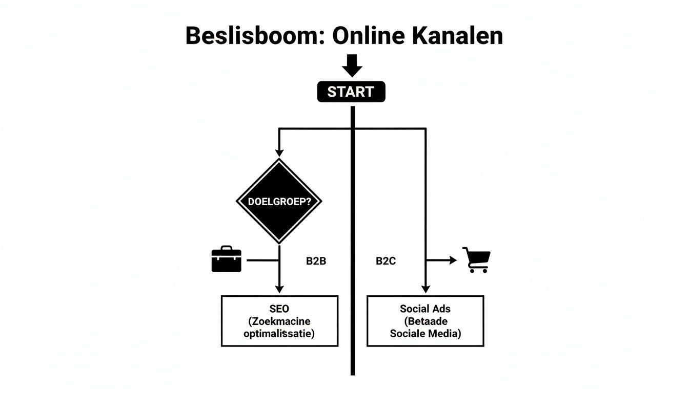 Beslisboom voor online kanalen, startend met de doelgroepkeuze tussen B2B (SEO) en B2C (Social Ads).