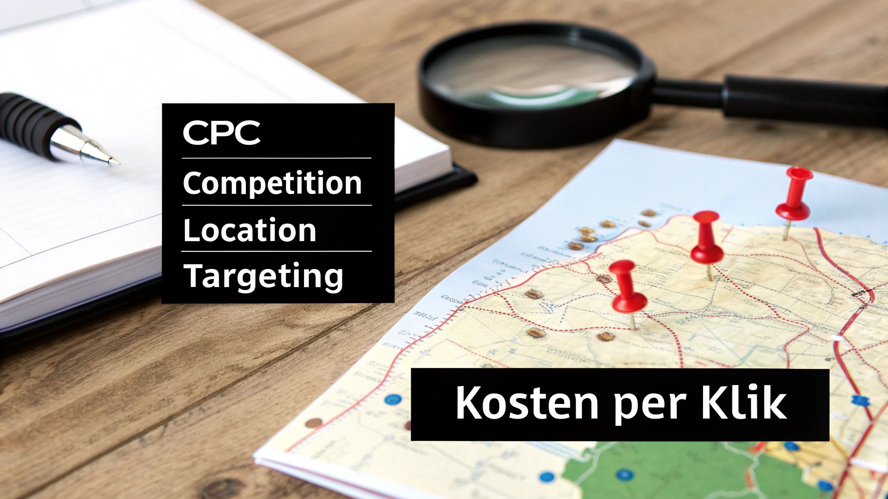 Een houten bureau met een notitieboekje, pen, vergrootglas en een kaart met spelden, naast tekst over CPC en Kosten per Klik.
