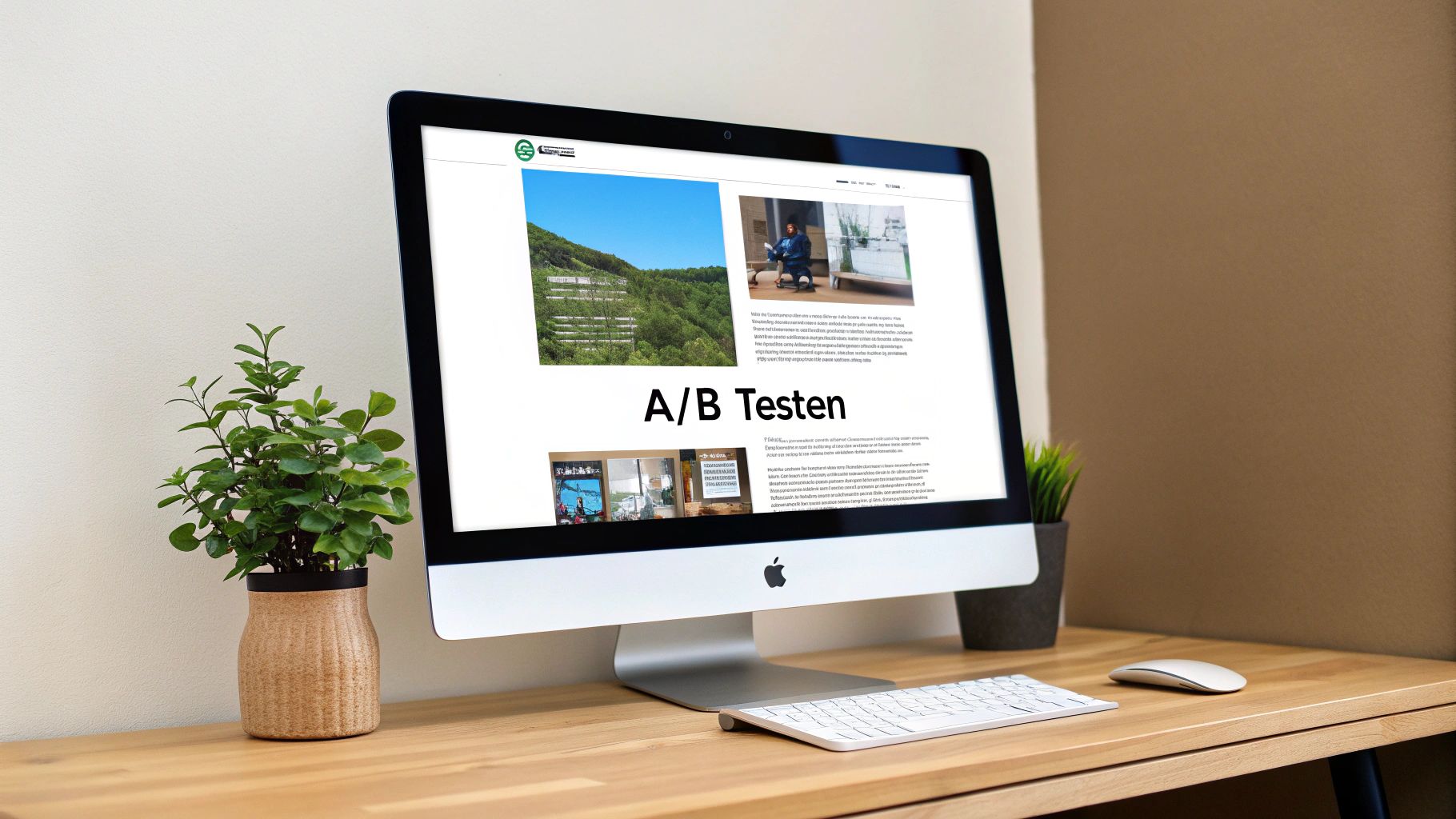 Een desktopcomputer met de tekst 'A/B Testen' op het scherm, staand op een houten bureau met planten.