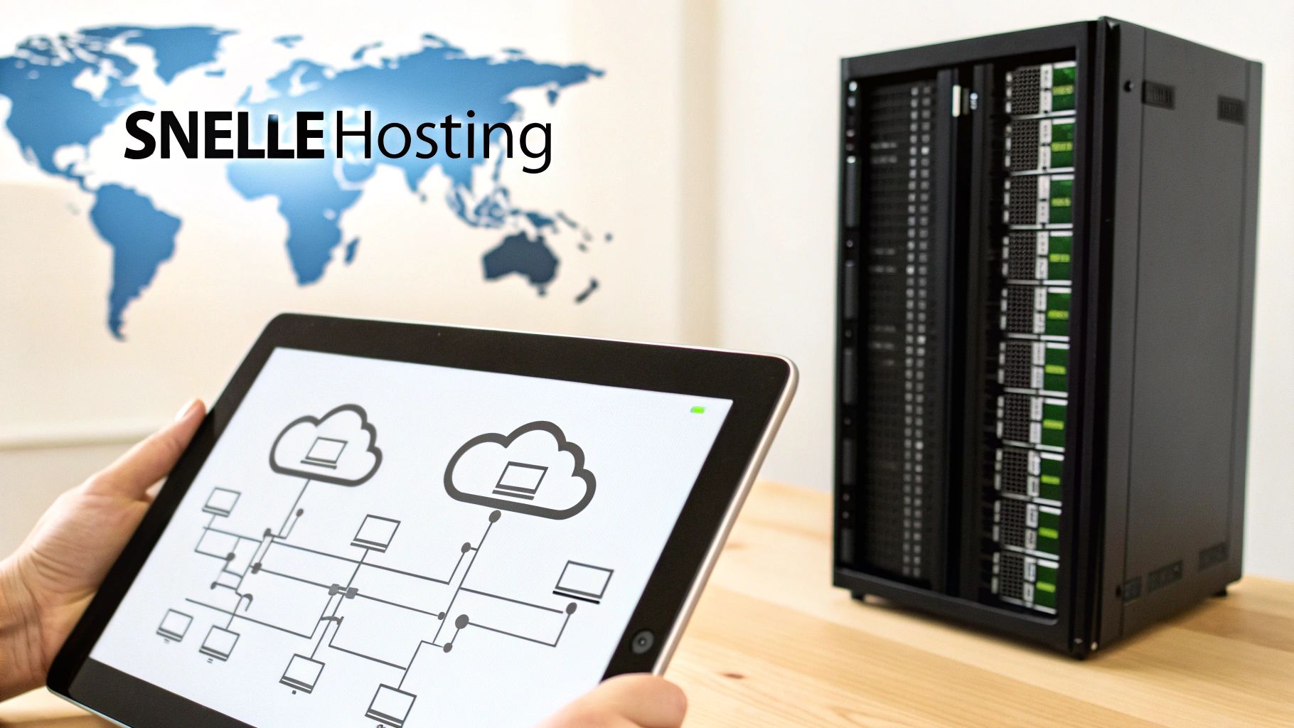 SNELLE Hosting logo met wereldkaart, tablet toont cloudnetwerkdiagram, naast serverkast op een houten tafel.