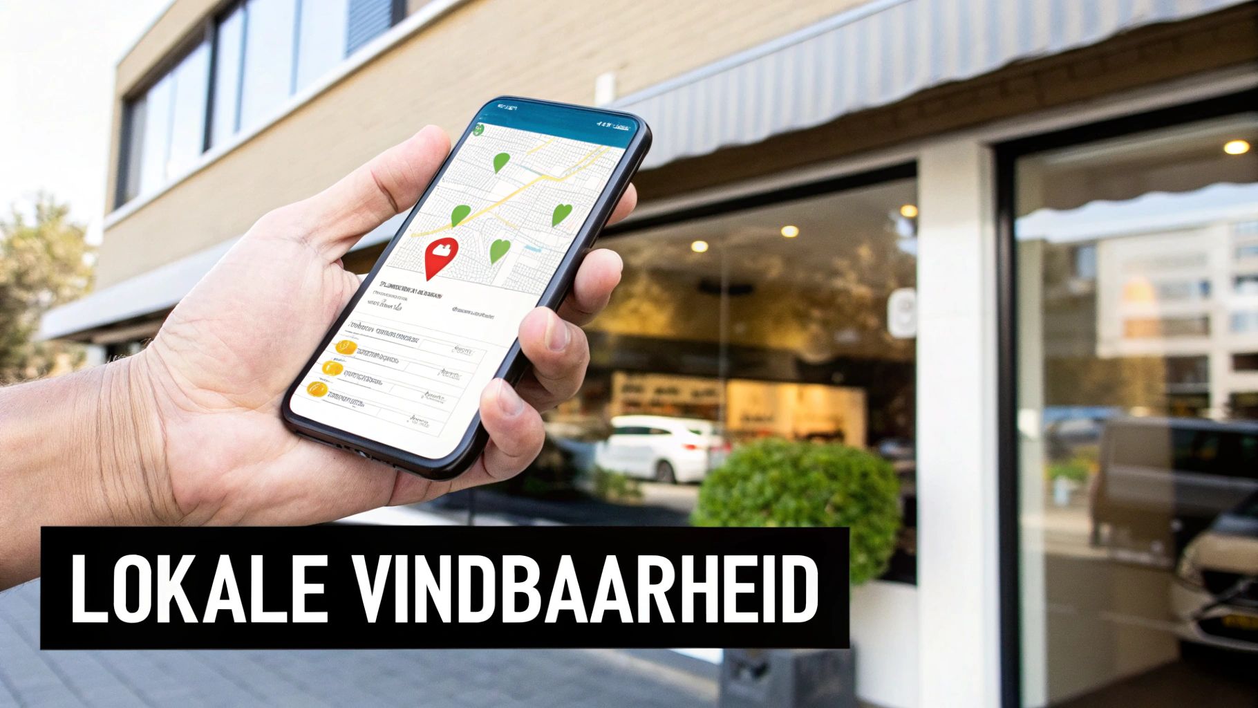 Een hand houdt een smartphone vast die een kaart-app met lokale bedrijven en locaties toont, met de tekst 'Lokale Vindbaarheid'.