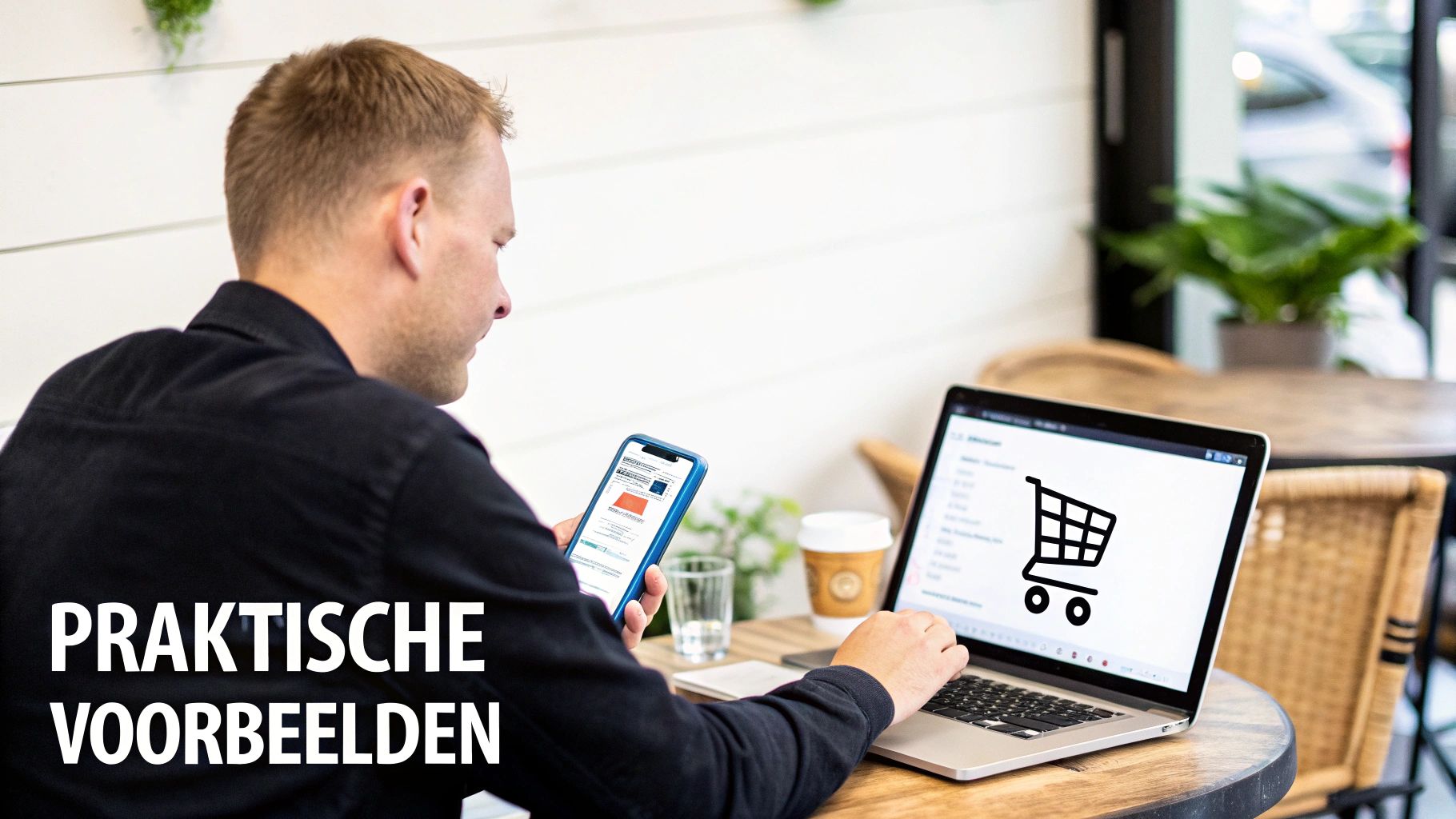 Een persoon gebruikt een smartphone en laptop met een winkelwagenicoon, mogelijk voor online winkelen.