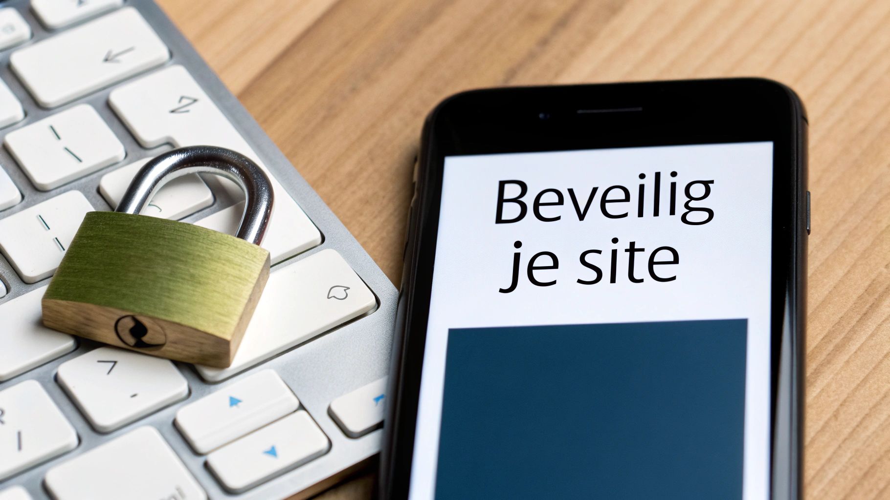 Een hangslot op een wit toetsenbord naast een smartphone met de tekst 'Beveilig je site' voor websitebeveiliging.