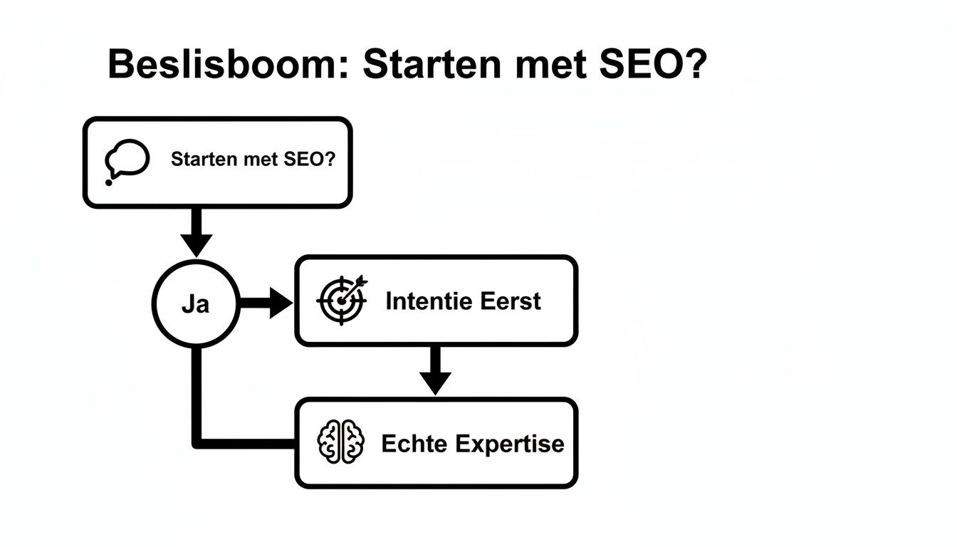 Een beslisboom die de stappen toont om te beginnen met SEO: intentie eerst en echte expertise.