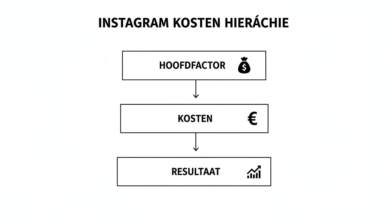 Een hiërarchisch diagram over Instagram kosten, beginnend bij de hoofdfactor, dan kosten, en eindigend bij resultaat met relevante iconen.