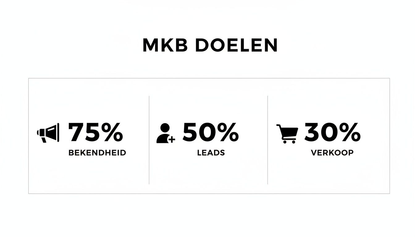 Overzicht van MKB doelen met percentages: 75% bekendheid, 50% leads en 30% verkoop.