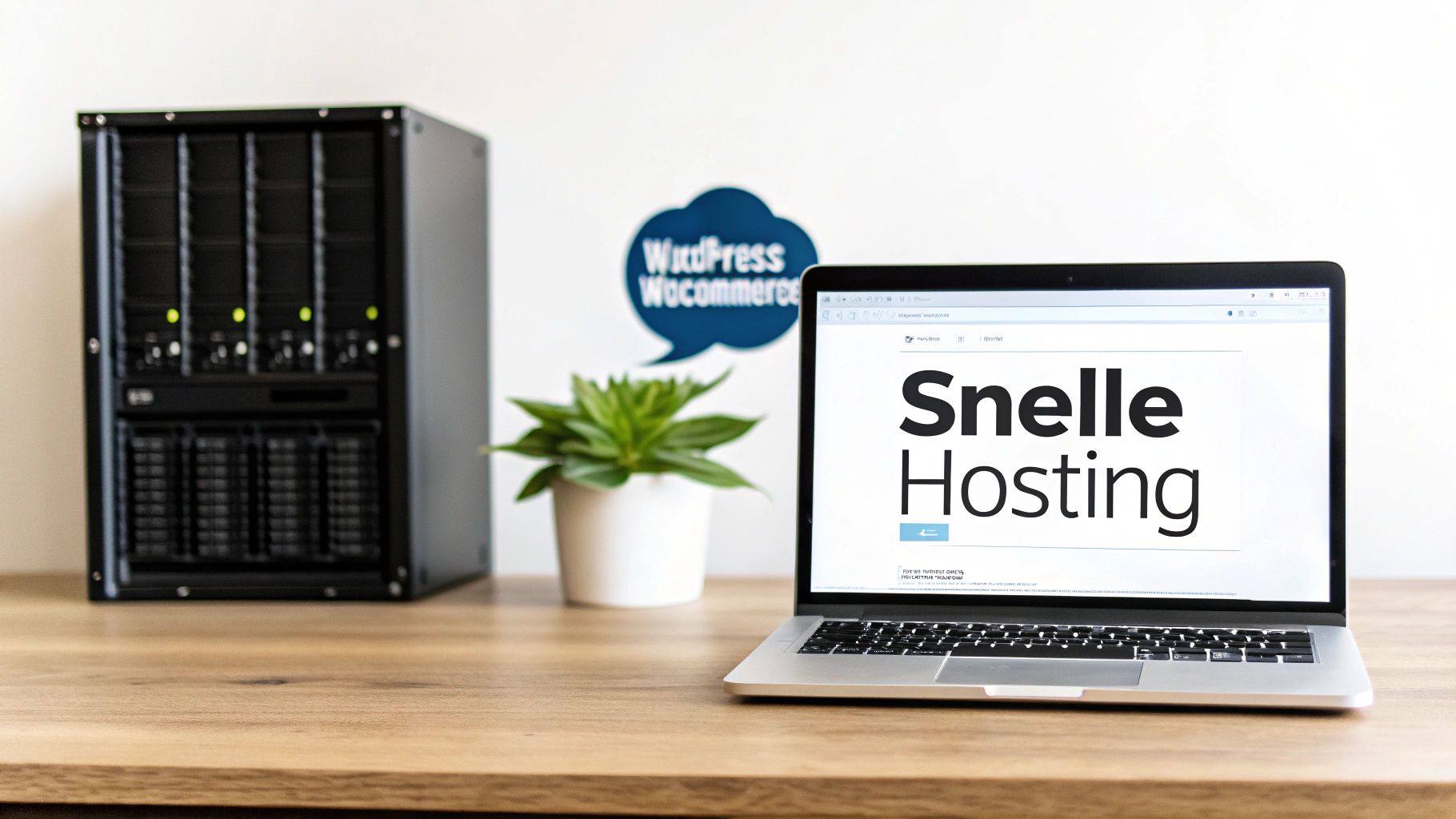 Een serverrack en laptop met 'Snelle Hosting' tekst, naast een WordPress WooCommerce logo op de muur.