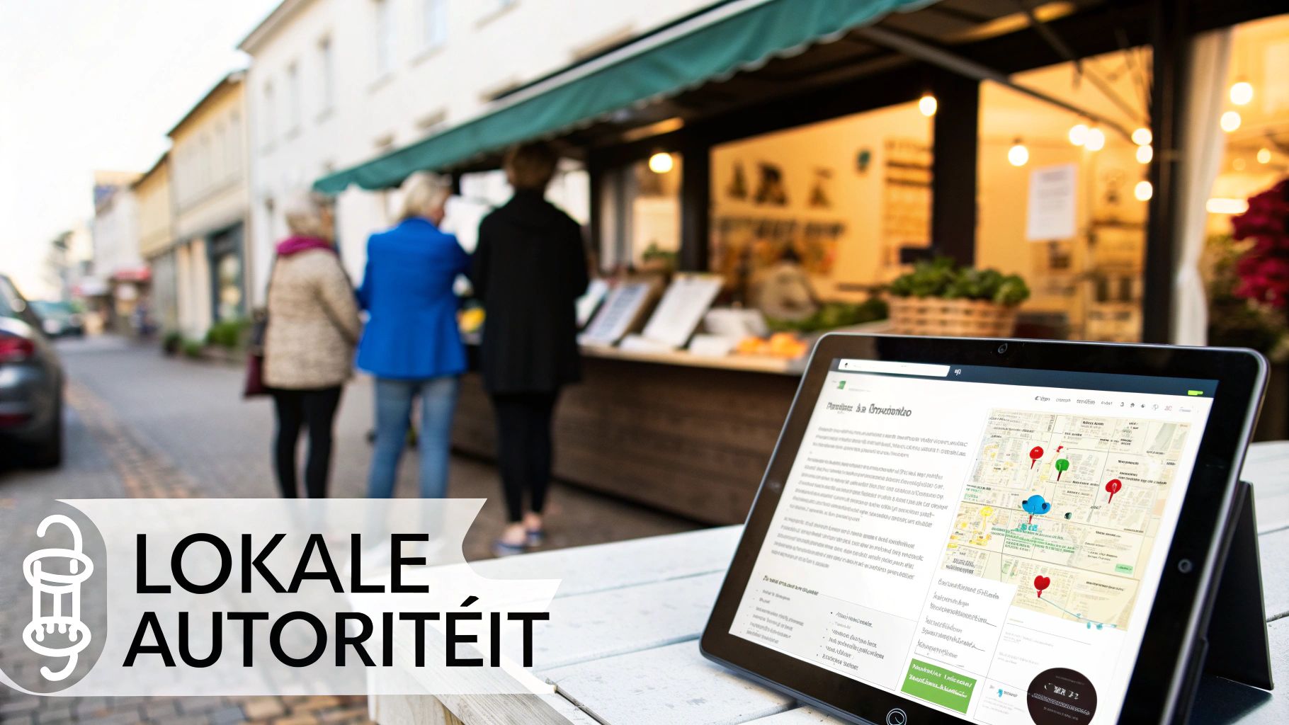 Mensen lopen langs lokale winkels, met een tablet die een kaart toont en de tekst 'LOKALE AUTORITEIT'.