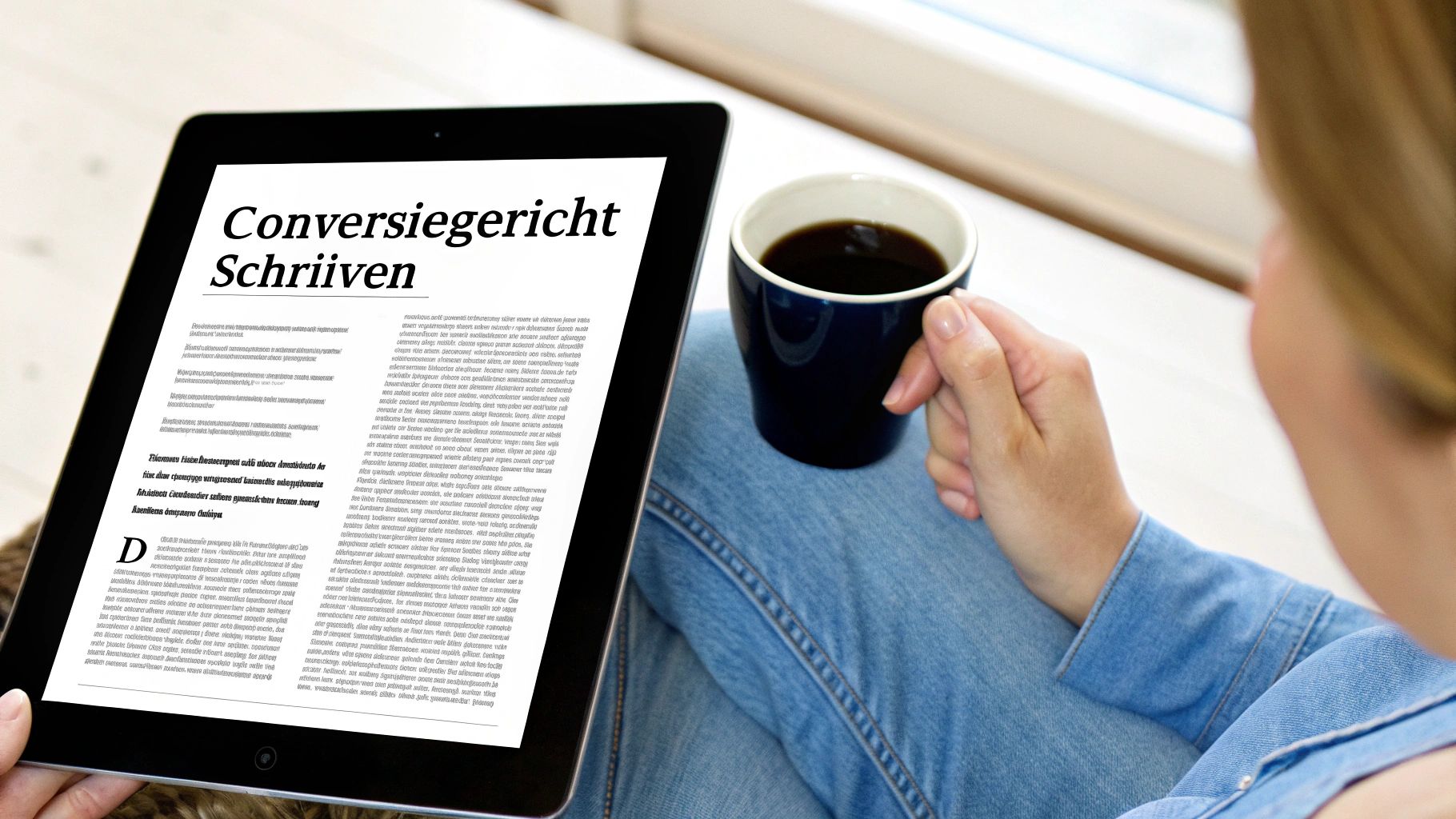 Een persoon leest een artikel over conversiegerichte teksten op een tablet, met een kop koffie erbij.