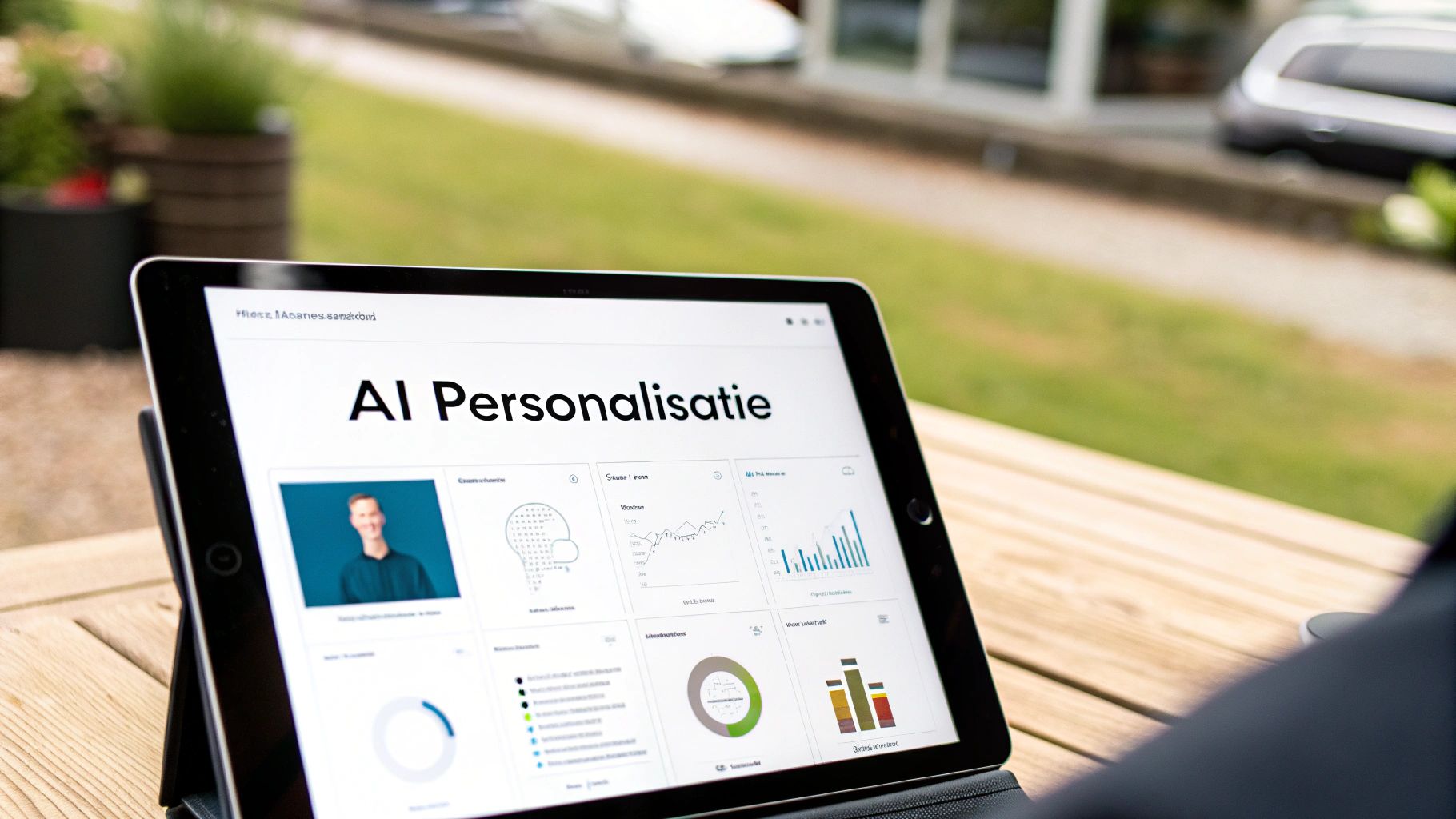 Een persoon bekijkt een tablet met 'AI Personalisatie' en grafieken op een houten tafel buiten.