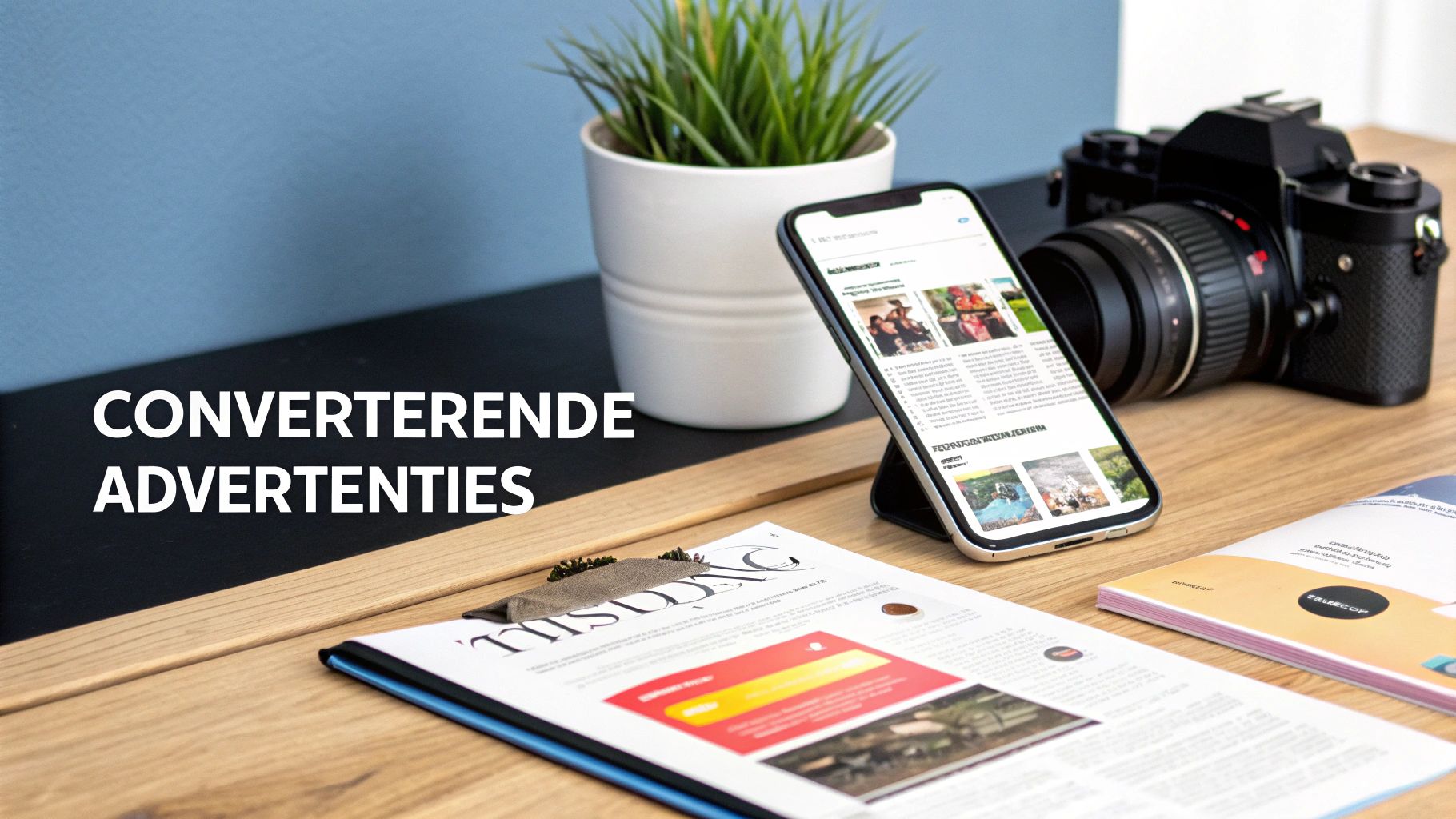 Een bureau met een smartphone die een social media feed toont, een camera, een plant en documenten. Tekst: 'Converterende Advertenties'.