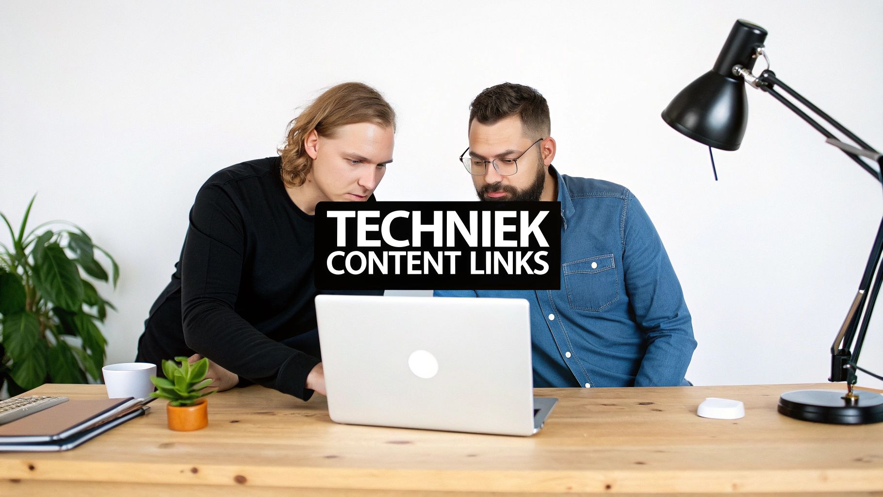 Twee mannen kijken aandachtig naar een laptop op een houten bureau, met de tekst 'TECHNIEK CONTENT LINKS' prominent in beeld.