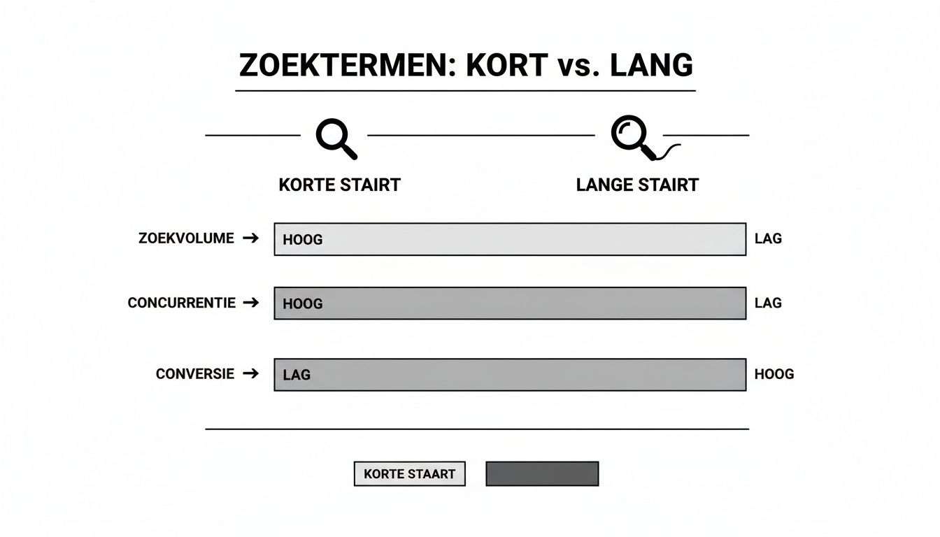 Infographic vergelijkt korte en lange staart zoektermen met zoekvolume, concurrentie en conversiepercentages.