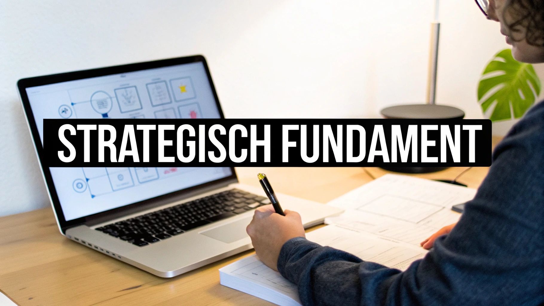 Een persoon schrijft notities aan een bureau met een laptop en de tekst 'STRATEGISCH FUNDAMENT' over de afbeelding.